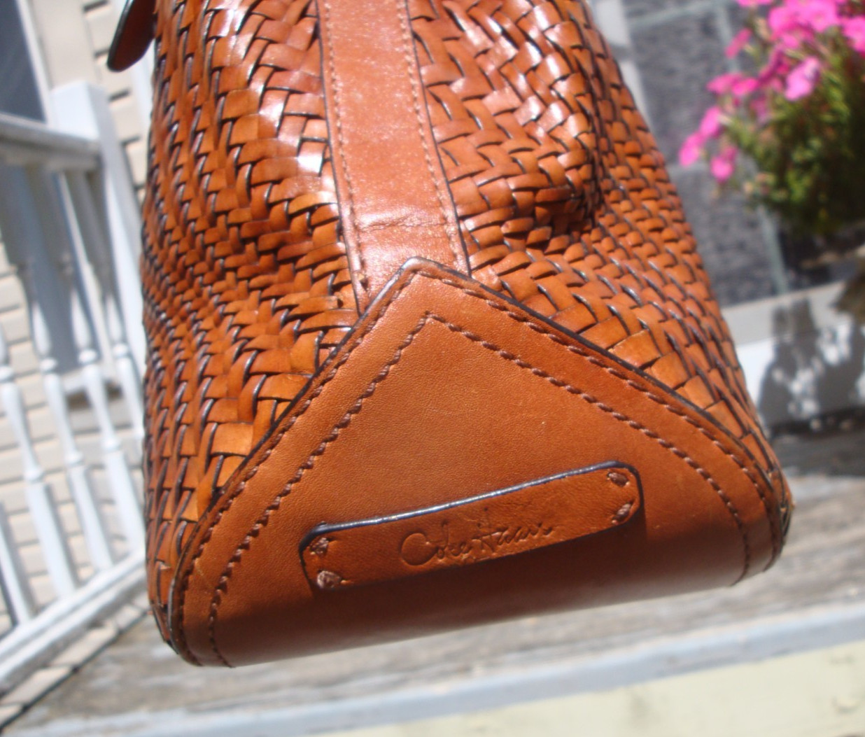 COLE HAAN Genevieve Brown Leather Boho Handbag Satchel Woven Large Tote Weave