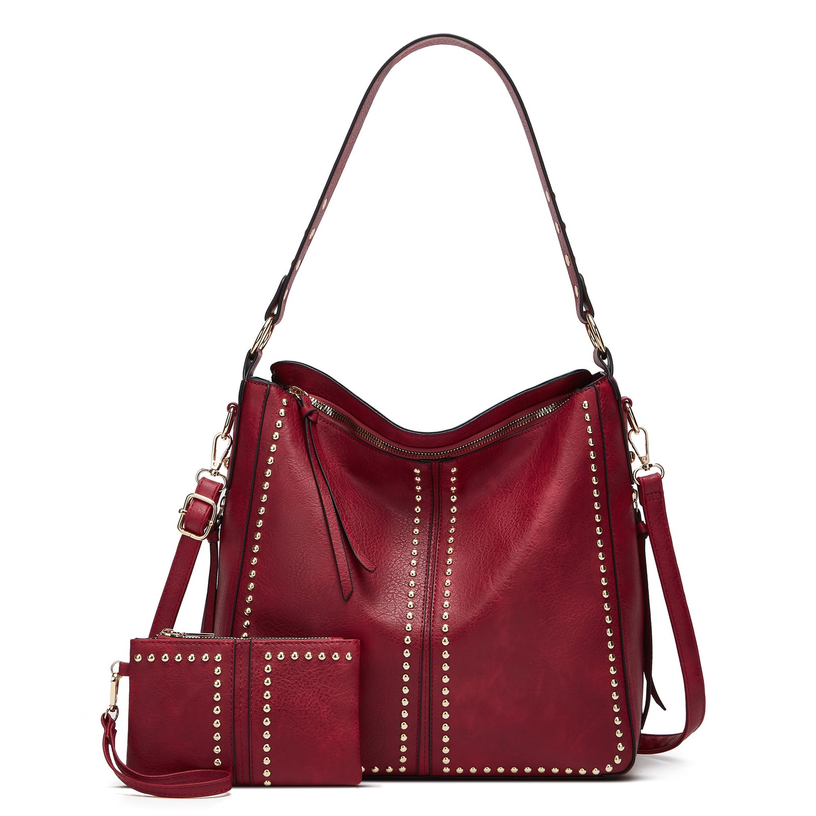 Soft PU Rivet Hobo Shoulder Bag Large Capacity Crossbody Tote Purse With Wallet