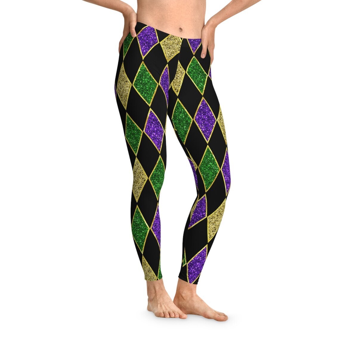 Mardi Gras Harlequin Pattern Stretchy Leggings Sizes XS to 2XL;