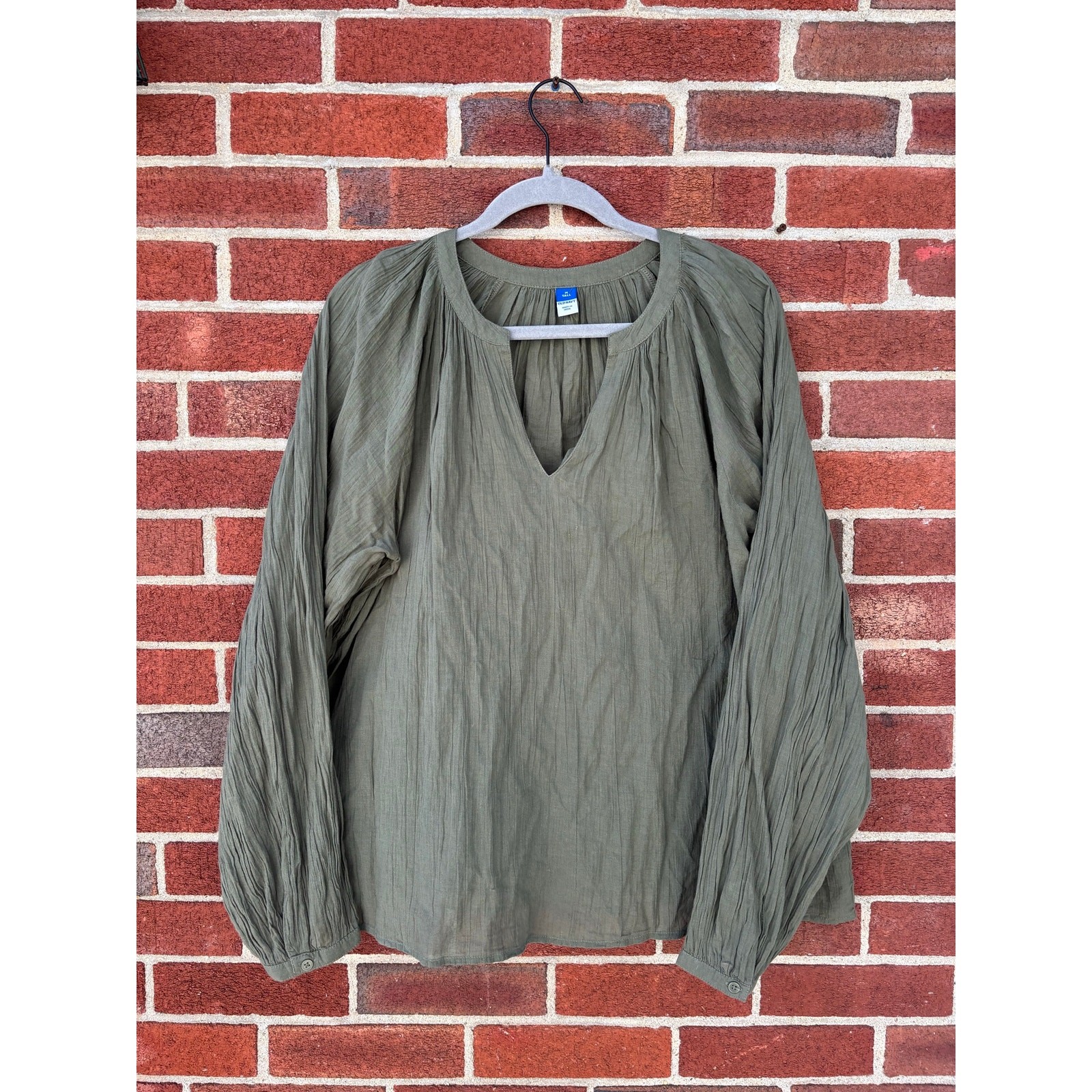 Old Navy Olive Green Peasant Blouse Medium Tall Boho Long Sleeve Cotton Top