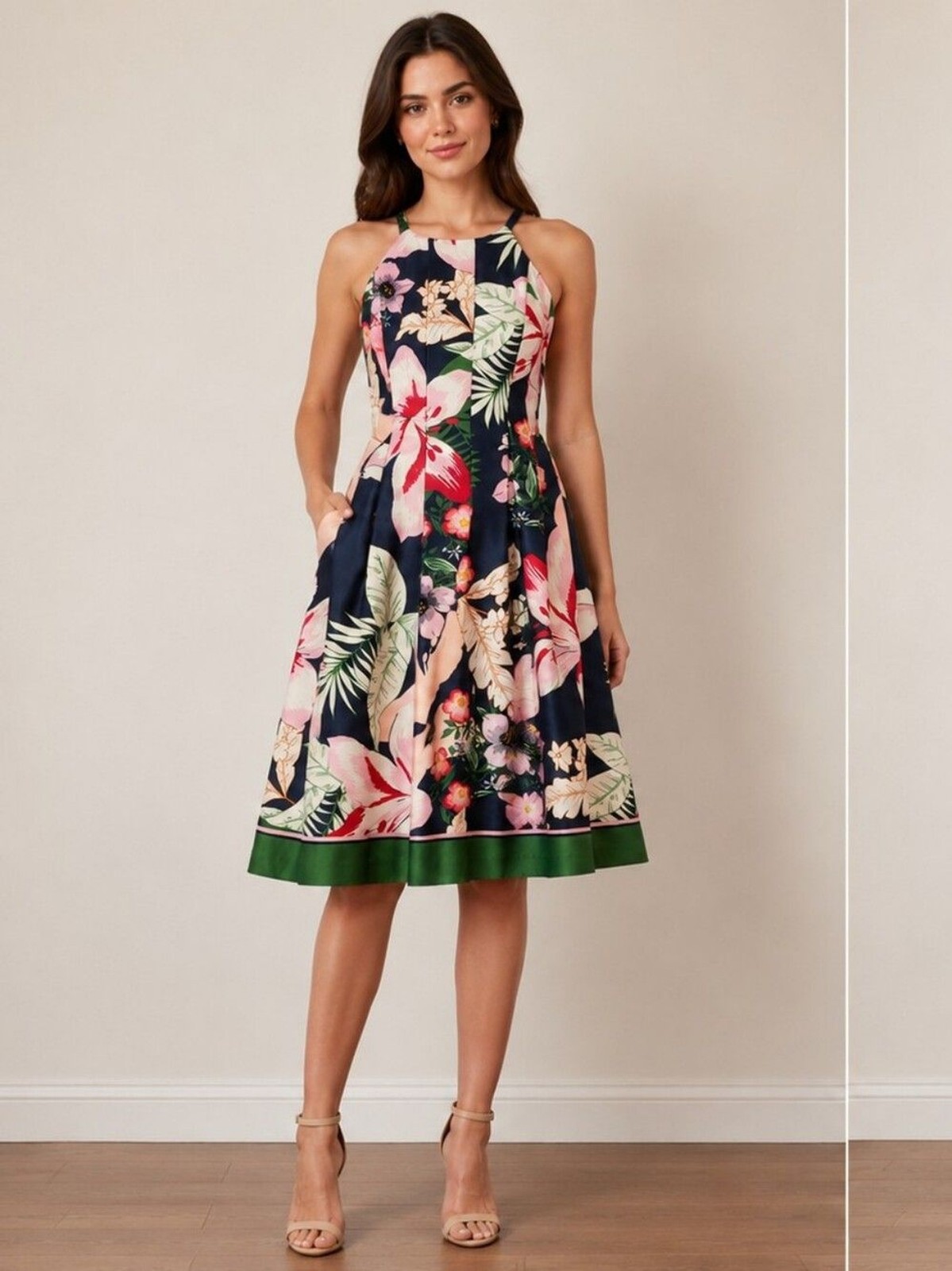 Vince Camuto Navy Floral Halter Midi Dress with Green Trim