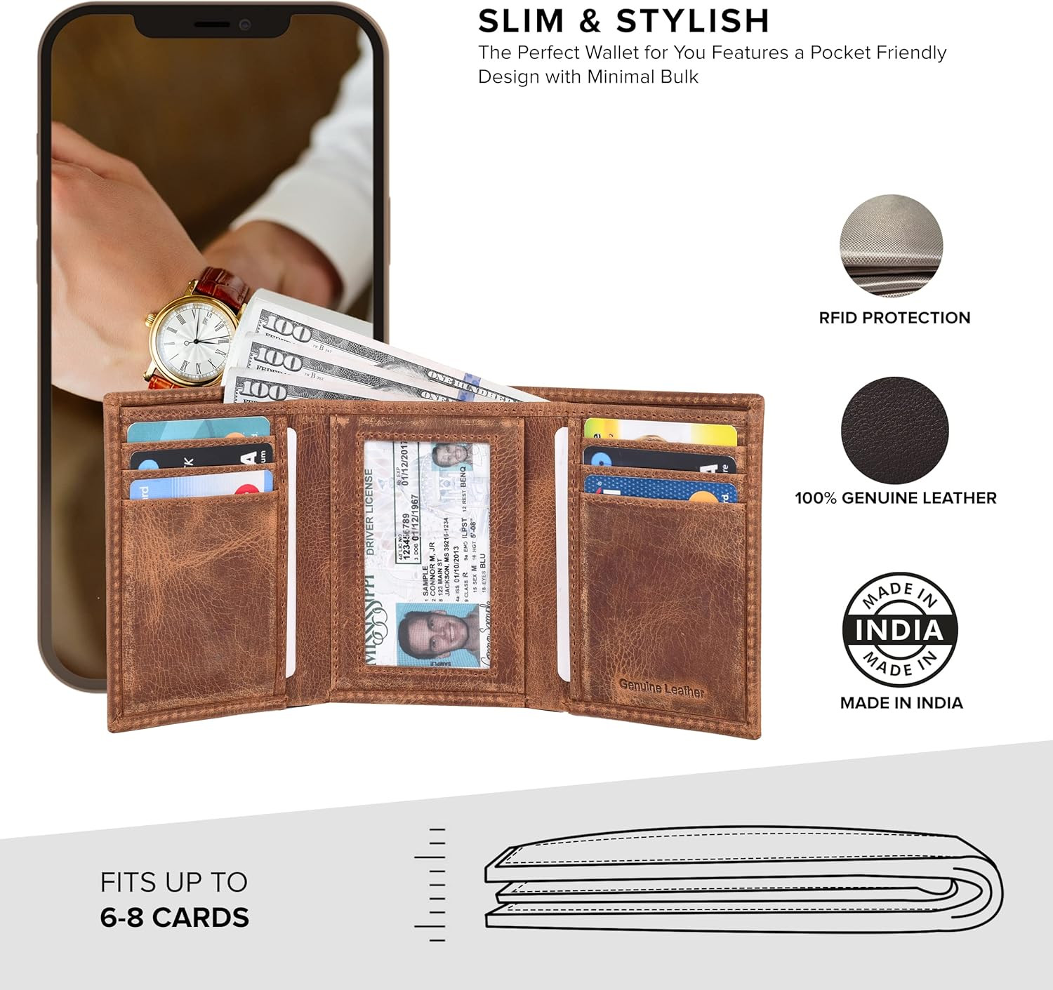 Tri Fold Leather Wallet for Men with RFID | Slim Wallets for Men with 1 ID and 6