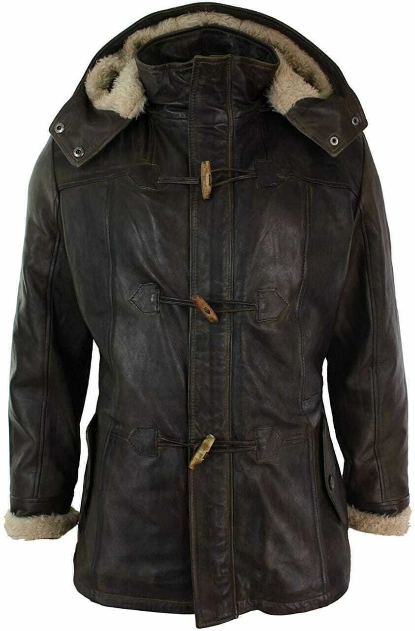 Men’s Black Duffle Over Coat Trench Hooded Long Genuine Sheepskin Leather Jacket