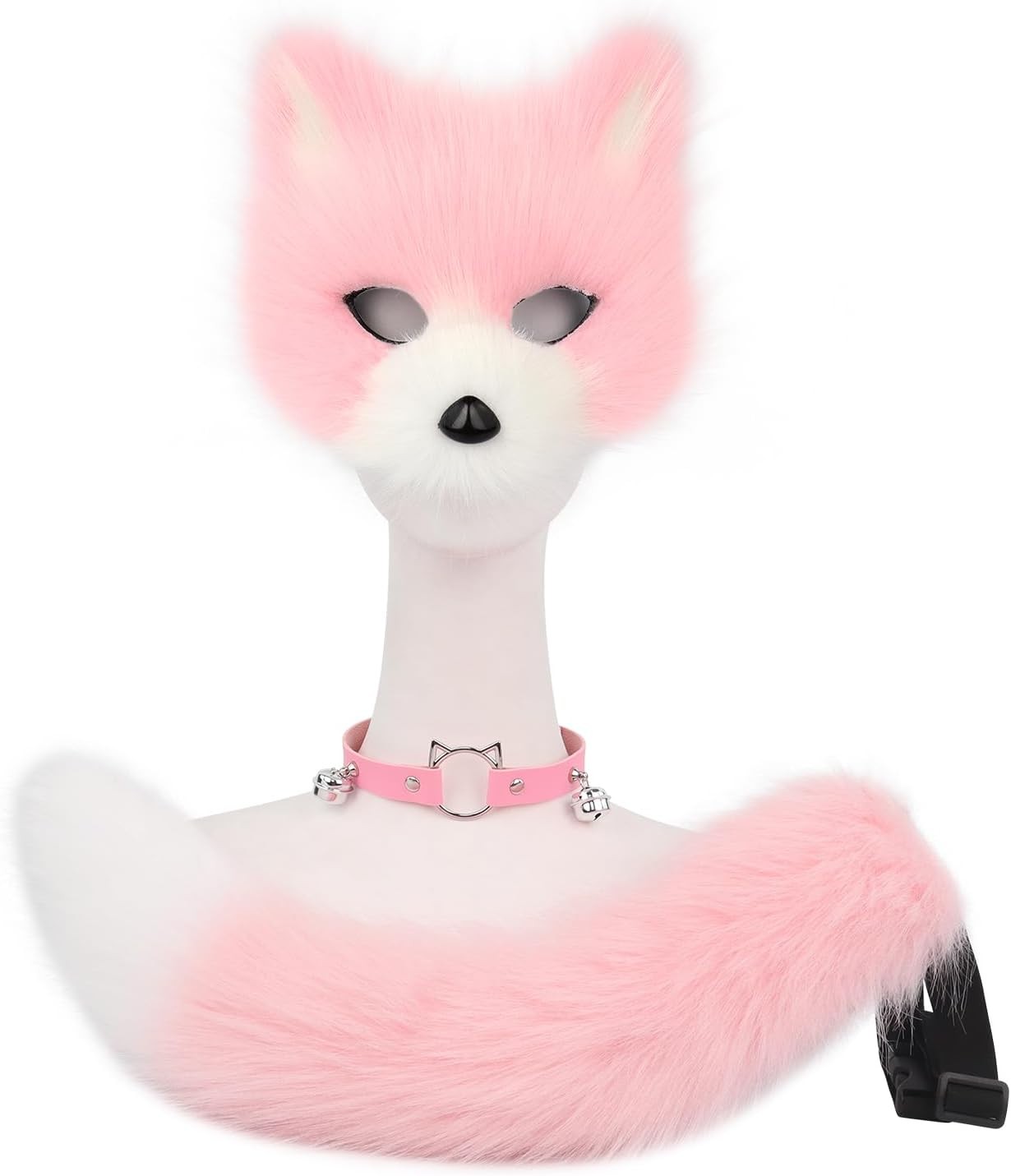 Faux Fur Fox Mask Wolf Cat Fluffy Tail and Leather Necklace Set,Costume Accessor