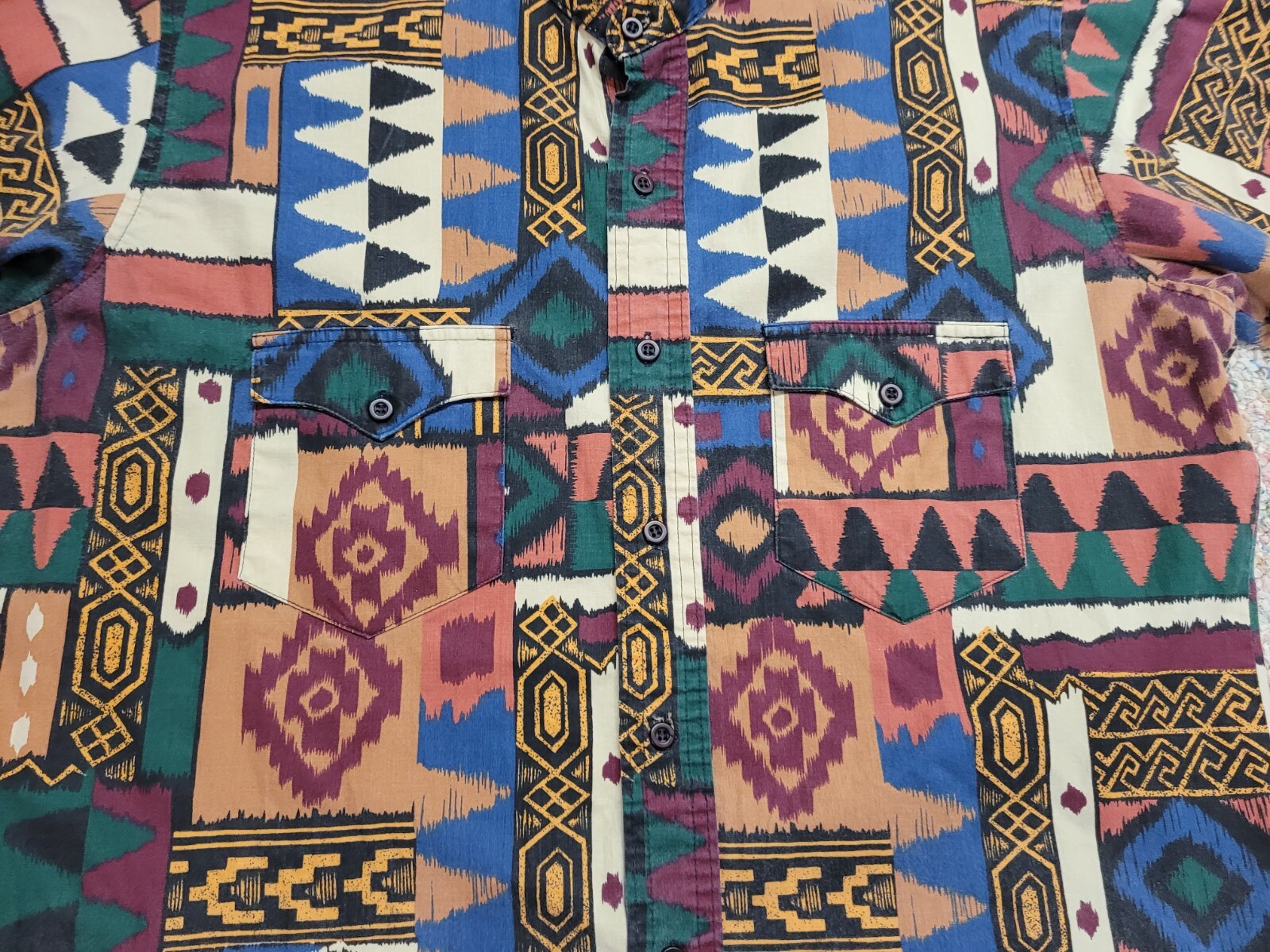 Plainsman Aztec Western Shirt Men Large Multicolor Tribal Geometric Short Sleeve