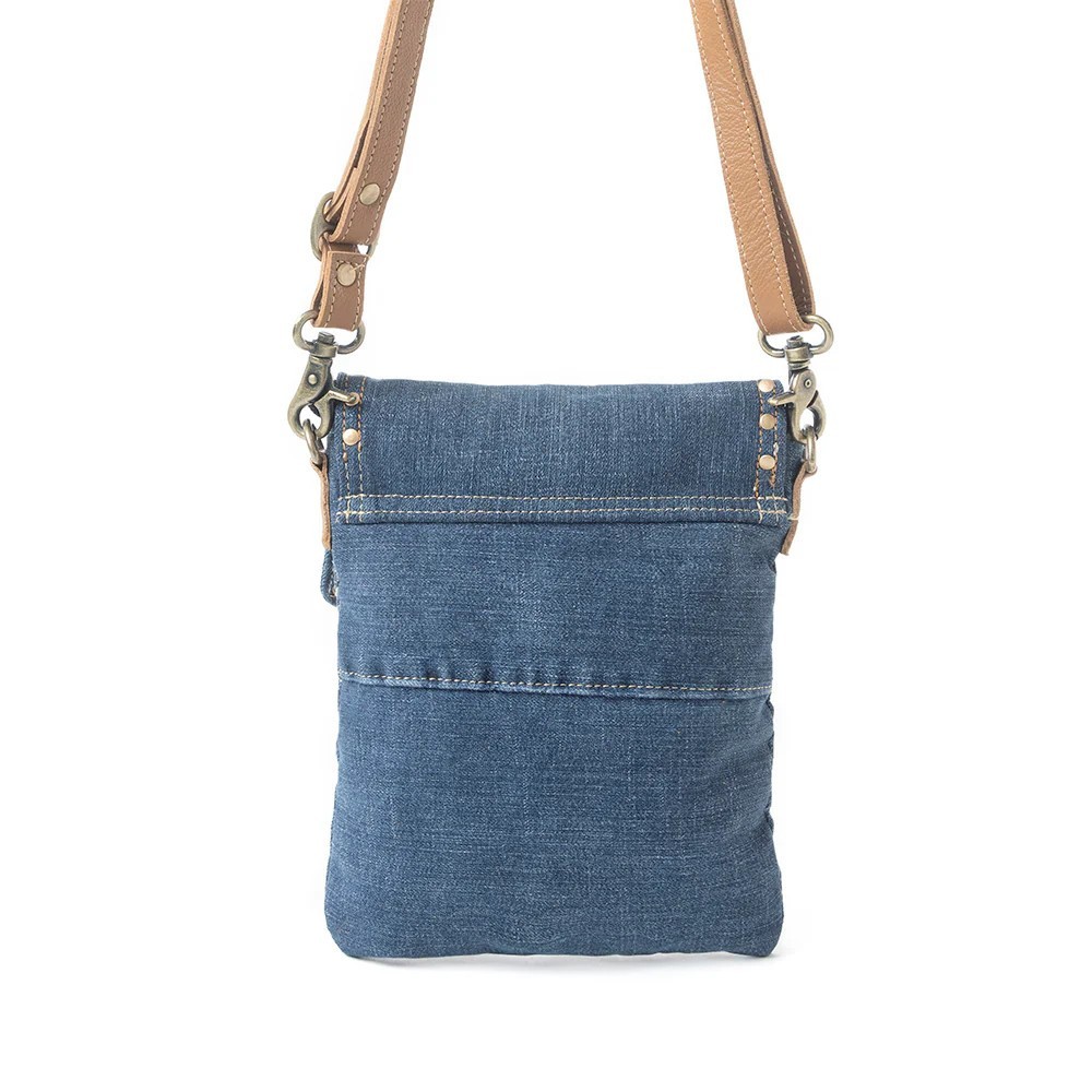 Dahlia Denim Small Crossbody Bag-Leather Adjustable Strap-Brass Studding-8″x9″