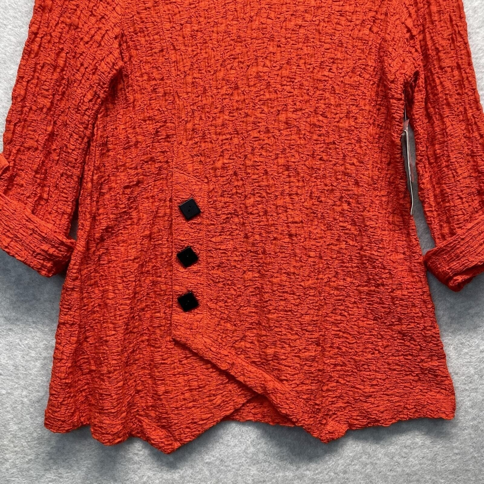 Ali Miles Textured Crinkle Top Womens Petite Small Red Blouse Roll Tab Sleeve