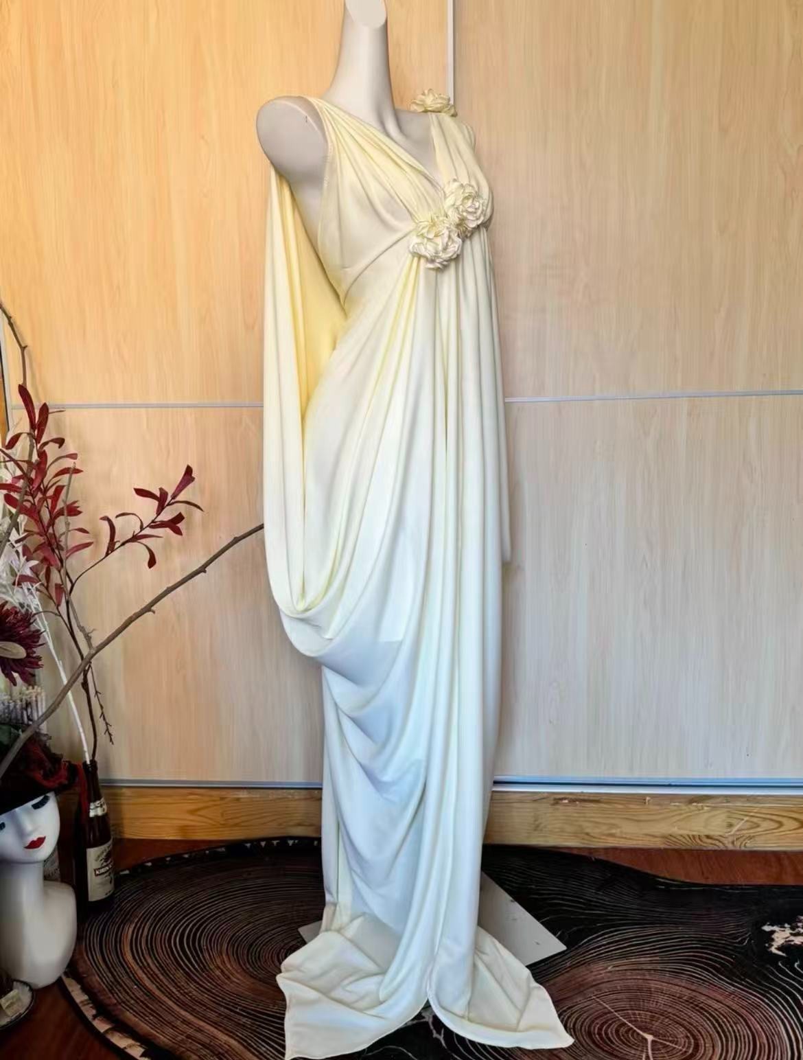 Handmade Greek Goddess Maxi Dress V Neck Backless Draped Floral Ivory Gown