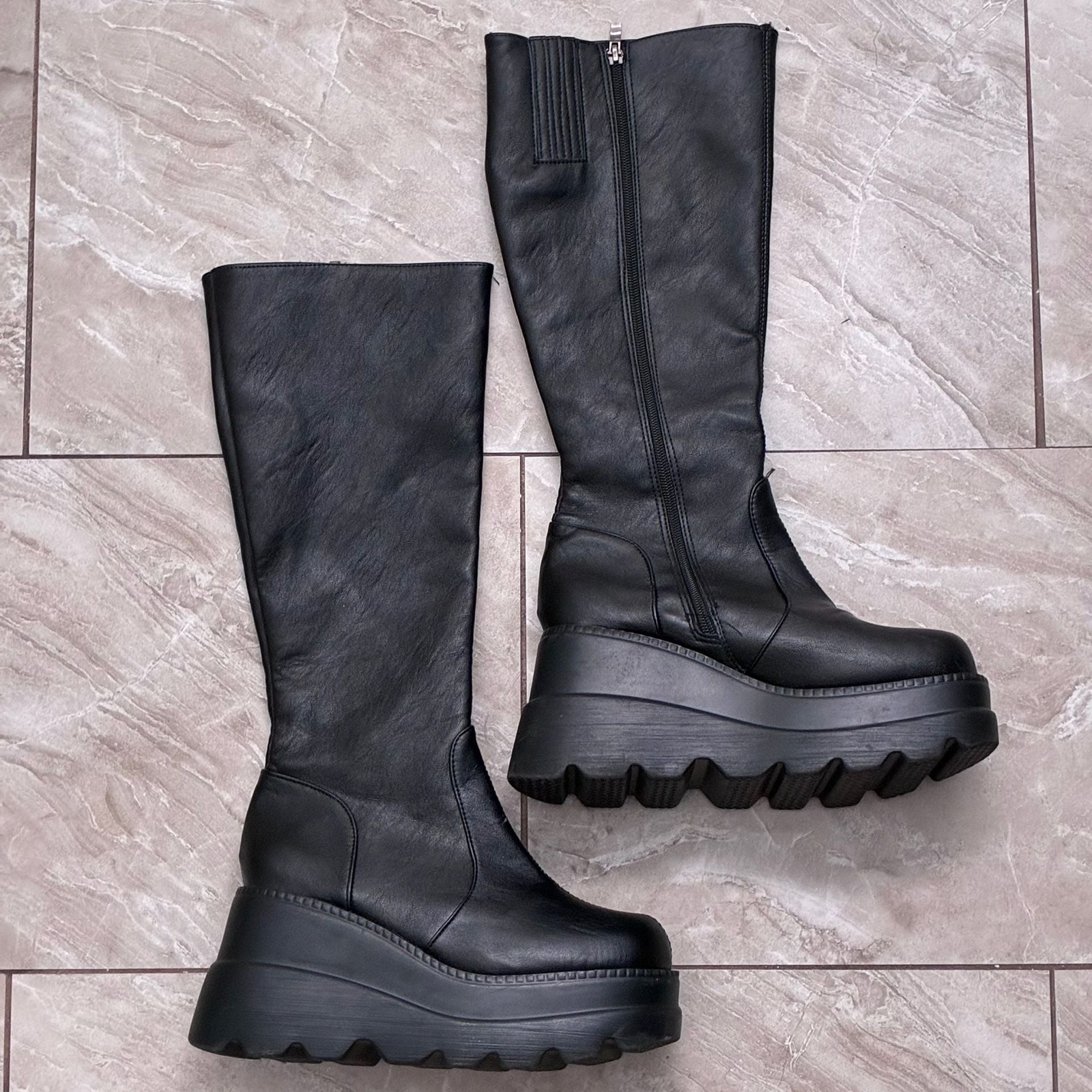 Demonia Shaker-100 Vegan Leather Platform Knee High Boots