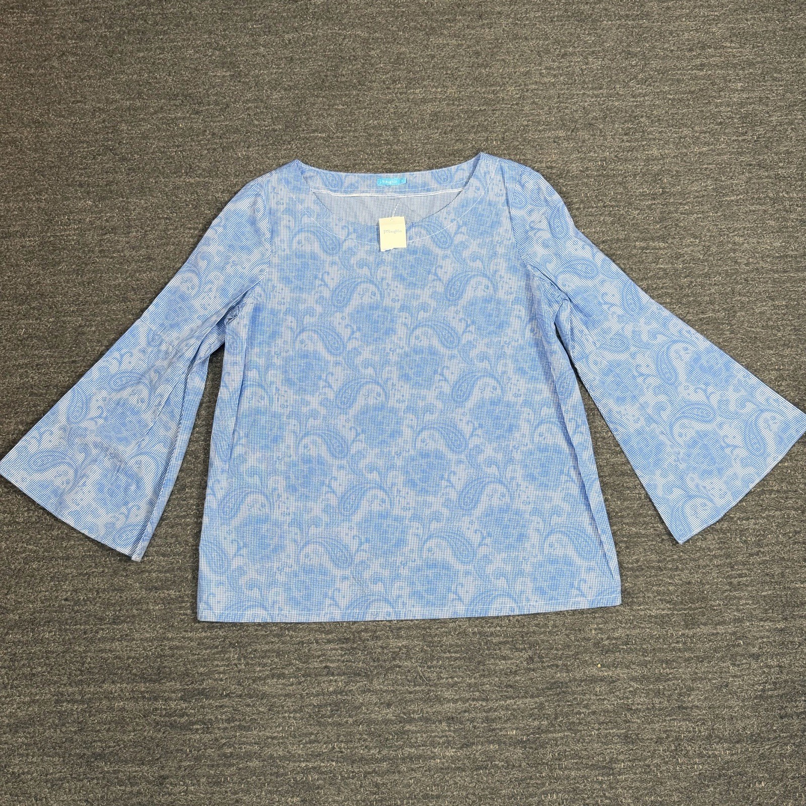 J Mclaughlin Coretta Blouse Women Medium Boat Neck Bell Sleeve Paisley Blue NEW