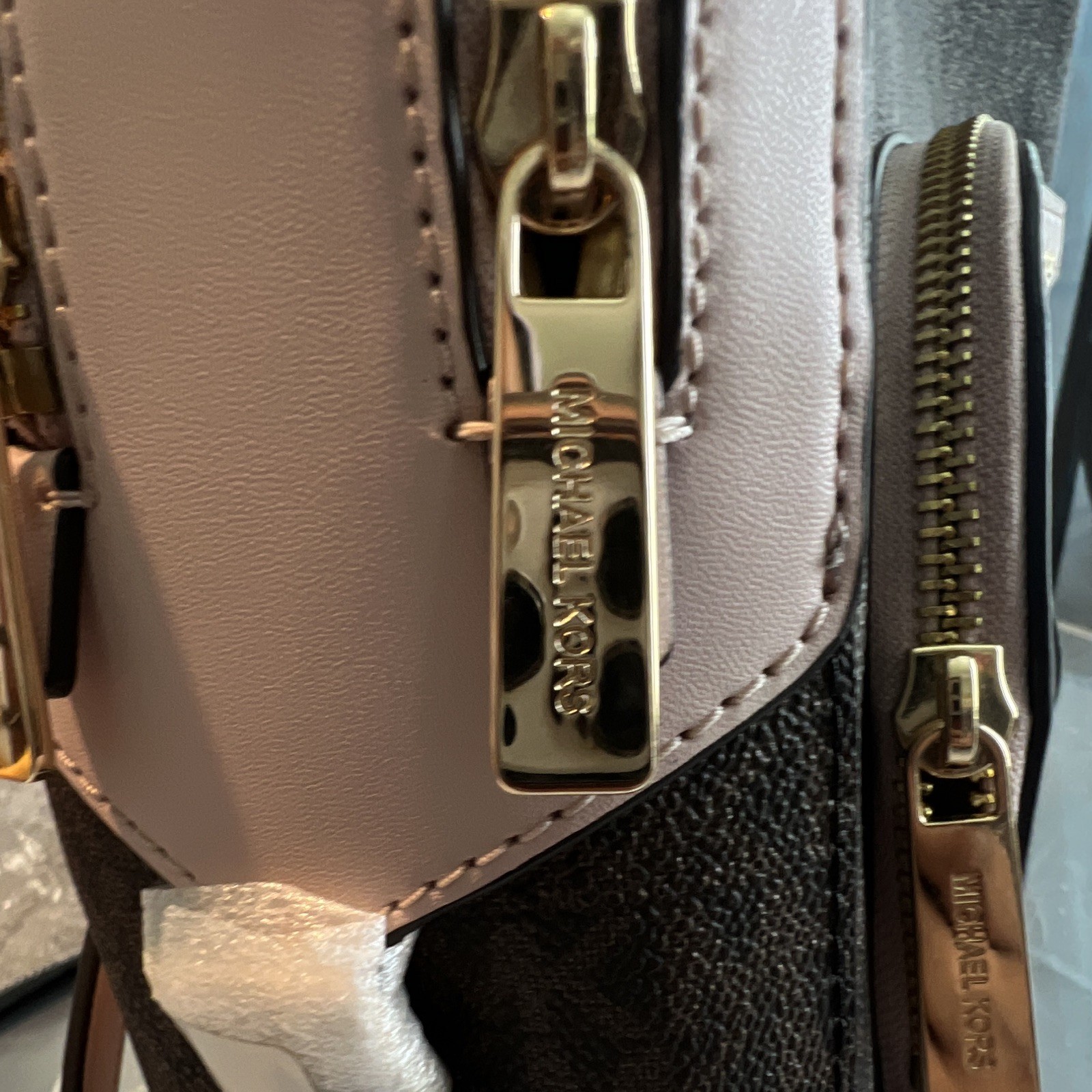Michael Kors Jaycee Medium Backpack Zip Closure Outer Pockets Brown/Blush Gold