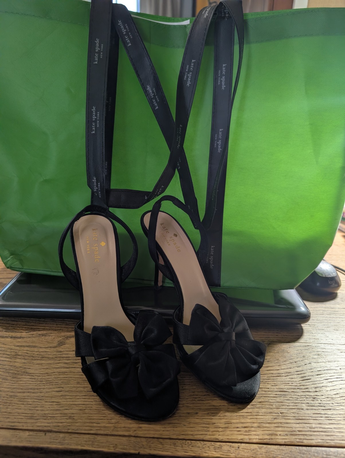 Kate Spade Satin Bow Detail Heels with Dark Green Re-usable Tote Bag