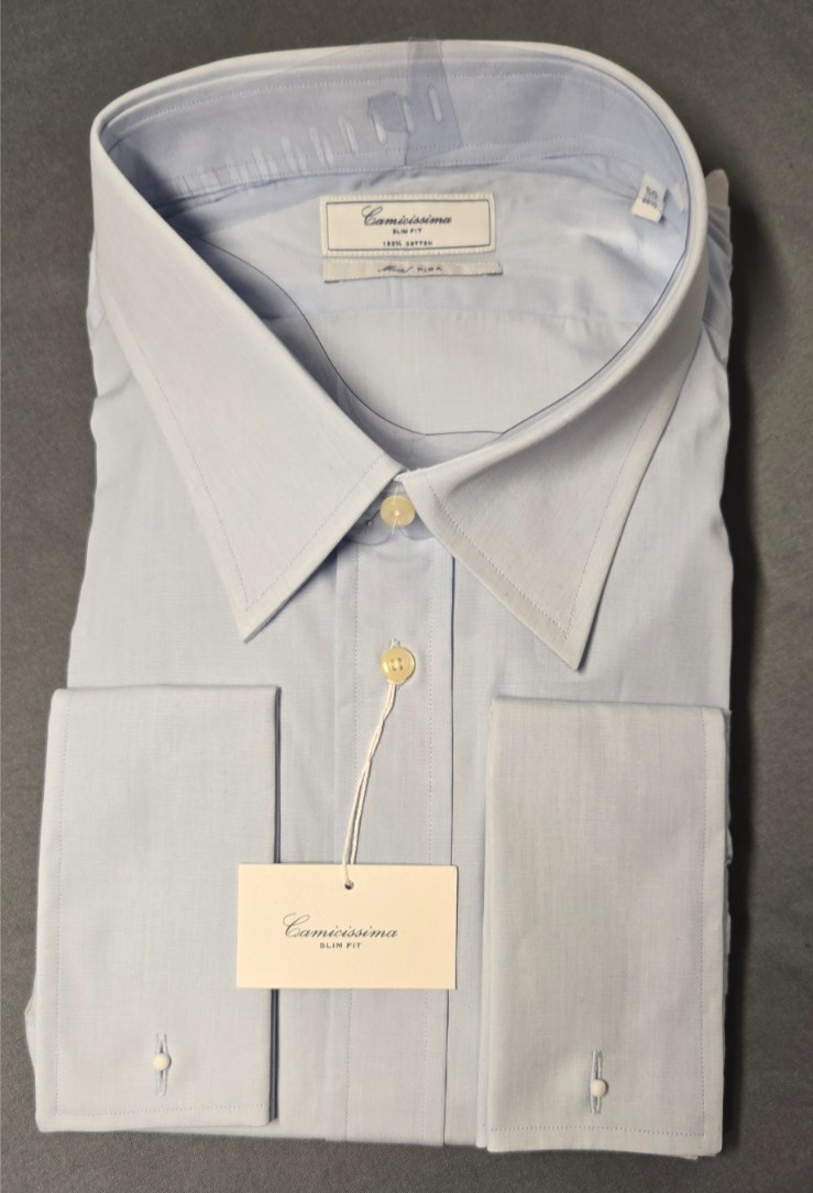 Camicissima Slim Fit Pisa Light Blue Double Cuff Dress Shirt 100% Cotton Size 20