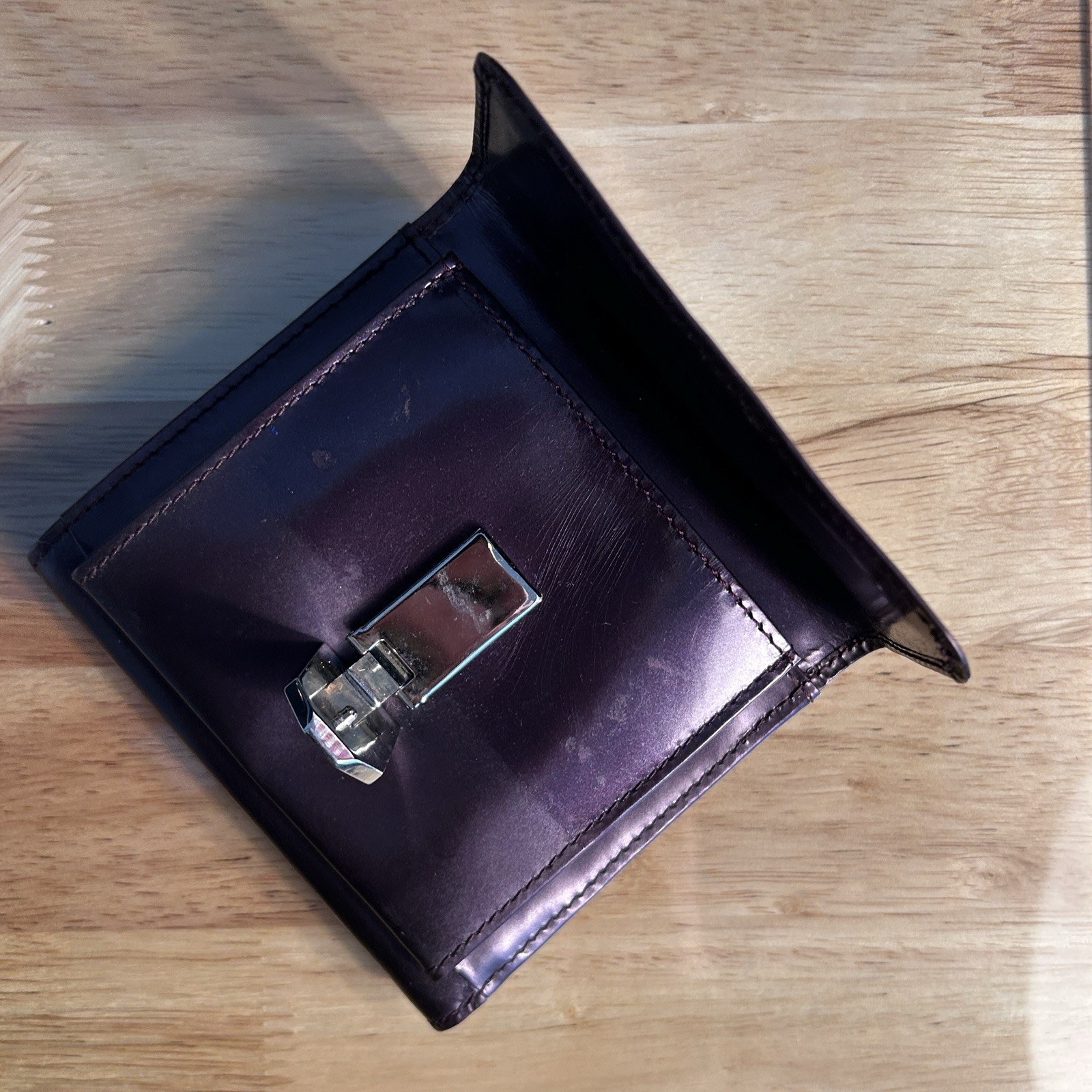 90s Moschino Redwall • Plum Leather • Mini Wallet Silver Heart Clasp • Vintage