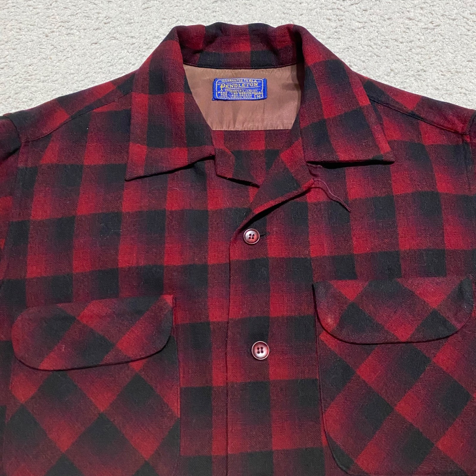 Pendleton Mens Medium Board Shirt Red Plaid Button Front Elbow Patches Wool