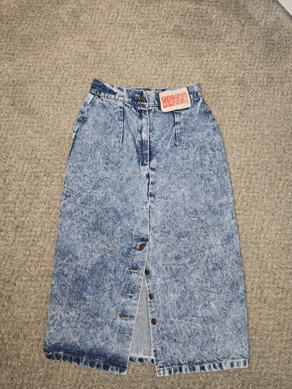 VINTAGE 80’s Made In USA Bongo Acid Wash Blue Denim Midi Skirt 7
