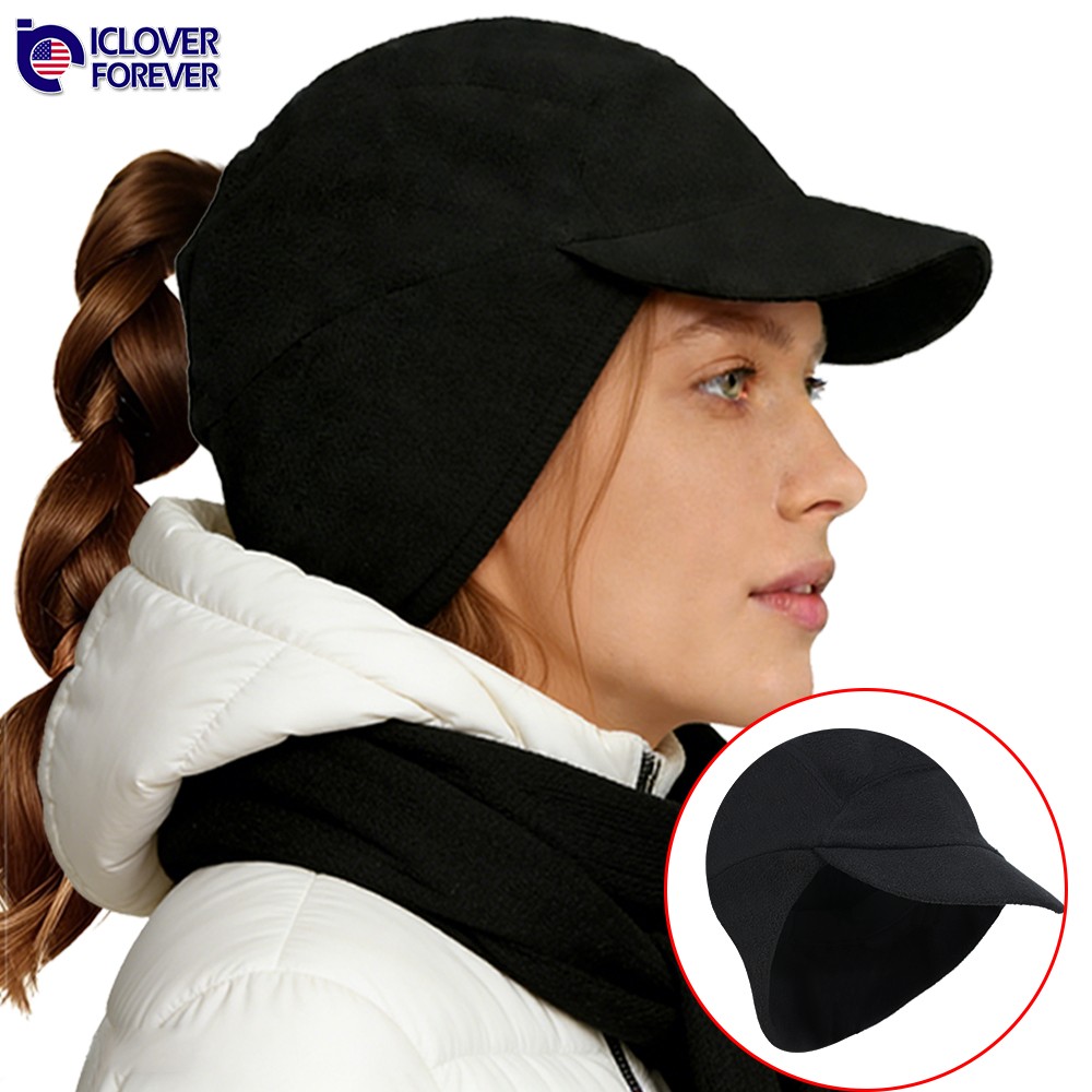 Winter Fleece Hat with Earflap Ponytail Hole Warm Cap fr Running Jogging Hiking
