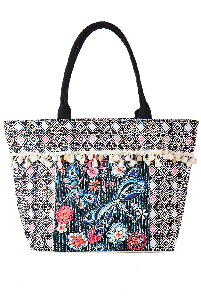 Anthropologie Style Women Boho Pattern Dragonfly Tassel Beach Resort Tote Bag
