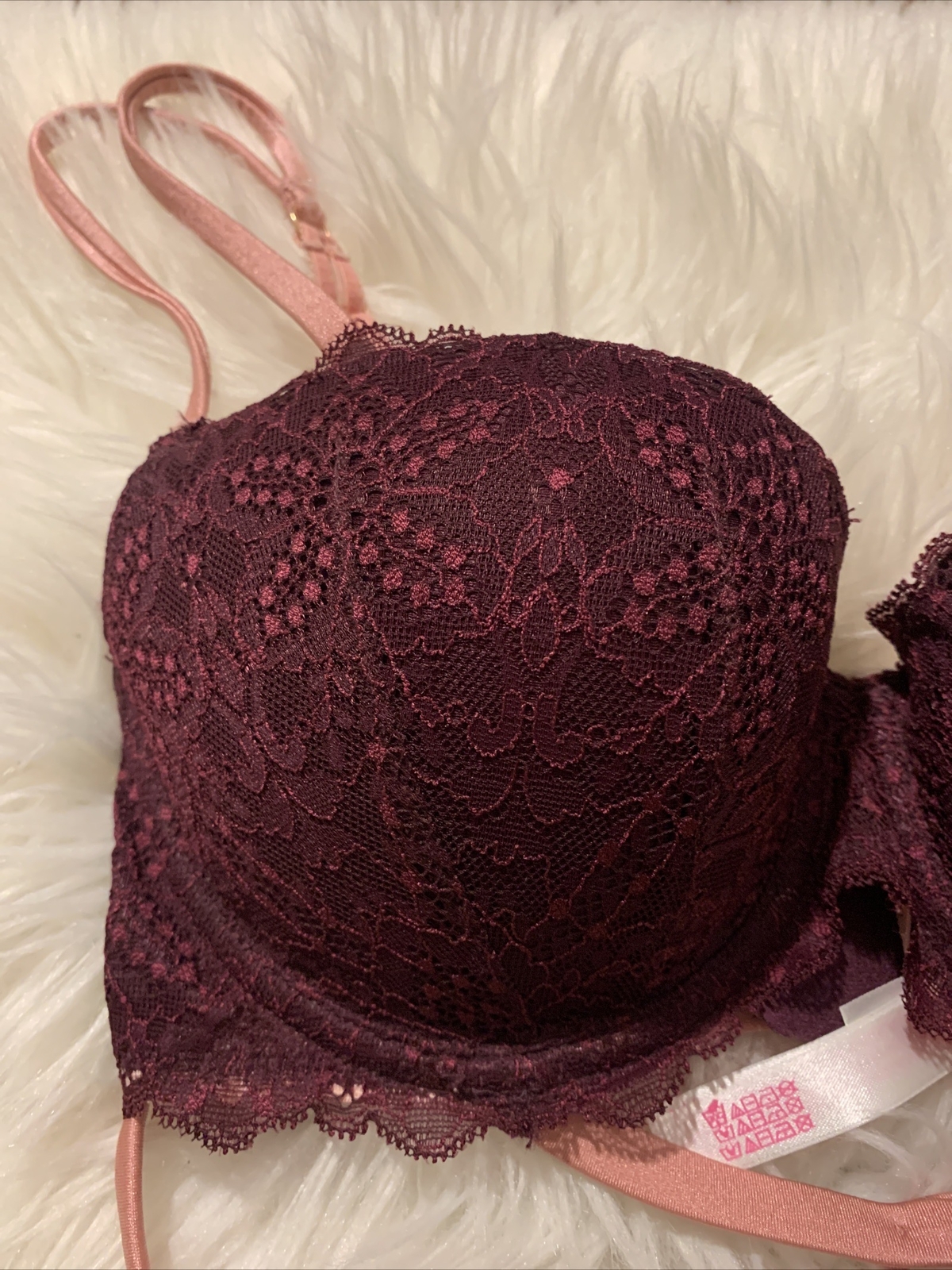 victoria’s secret pink Sexy Date Push Up 32D Burgundy Floral Pattern NWOT