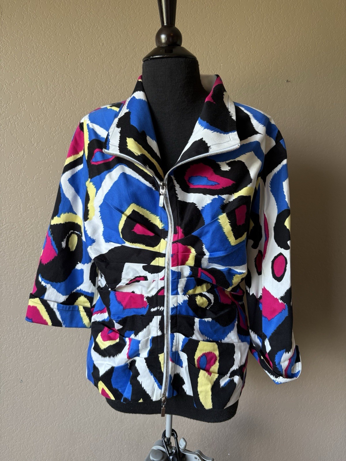 Joseph Ribkoff Zip Up Jacket Rouched Colorful Size 12 Cuff 3/4 Sleeves