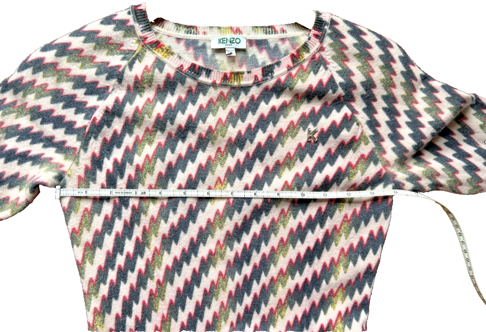 Designer KENZO Paris Graphic Zigzag Knit Mini Dress XS 0 2 Pink Fit Flare 2012