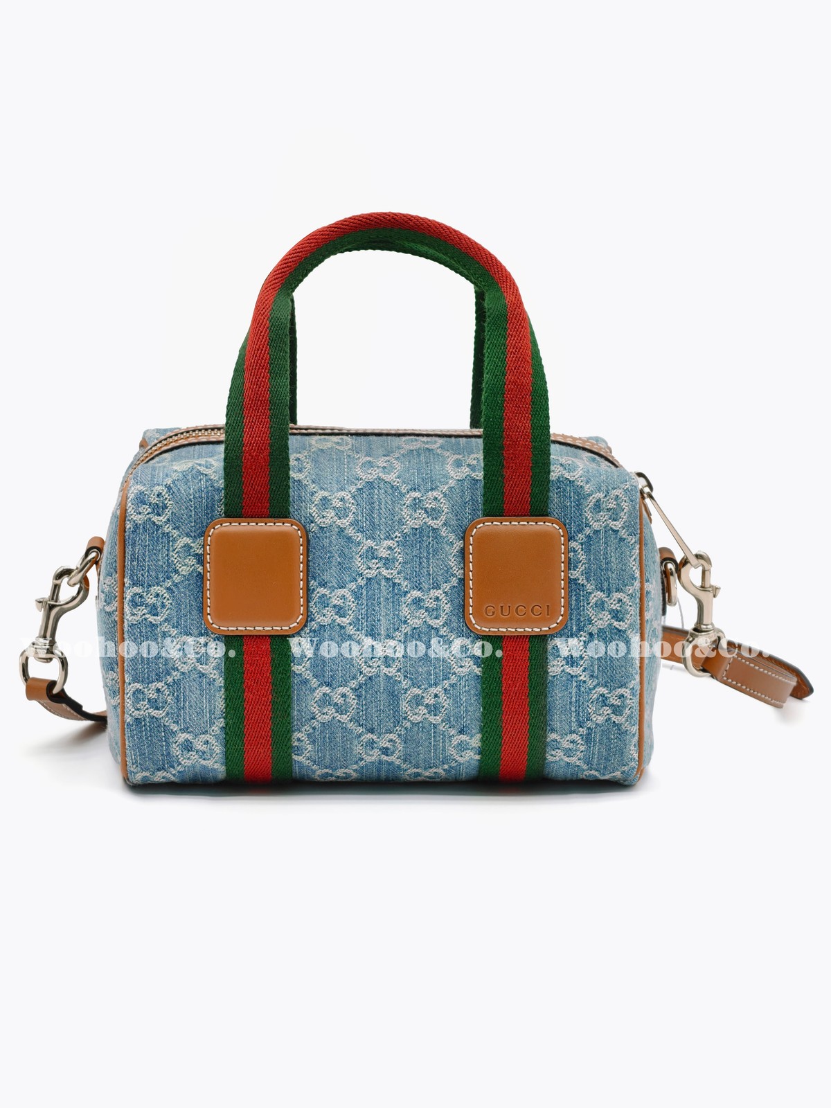 GUCCI Denim Boston Bag Handbag Mini Unisex Blue White 7.9 x 5.1 x 5.1 in