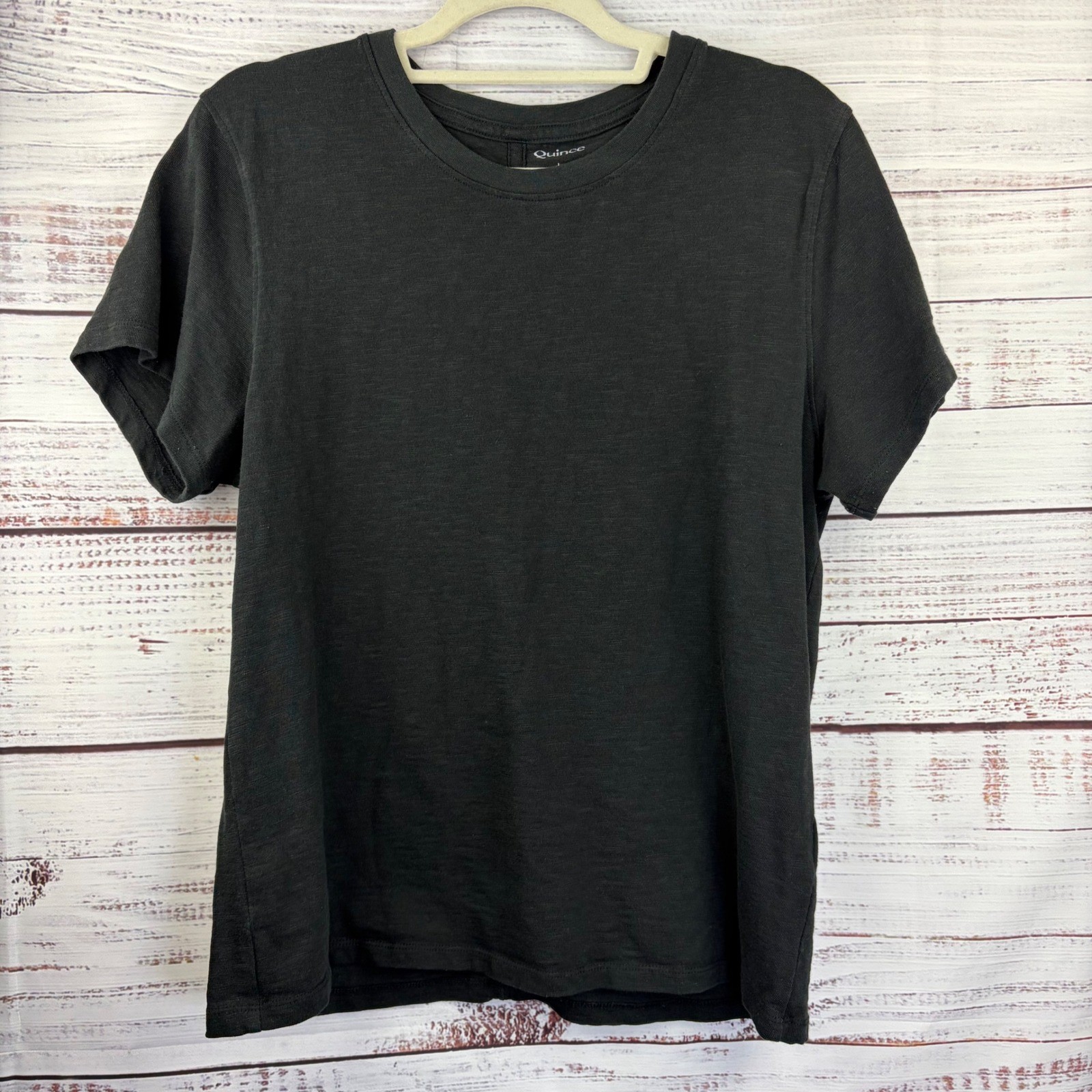 Quince Womens Black 100% Organic Cotton Slub Crewneck Tee Back Seam Large