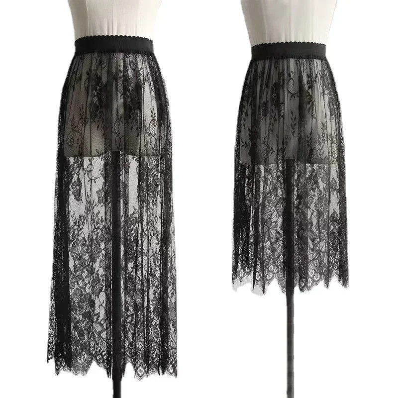 2 Length Elegant Black Skirt White Lace Transparent Long Tulle Skirt Ladies.