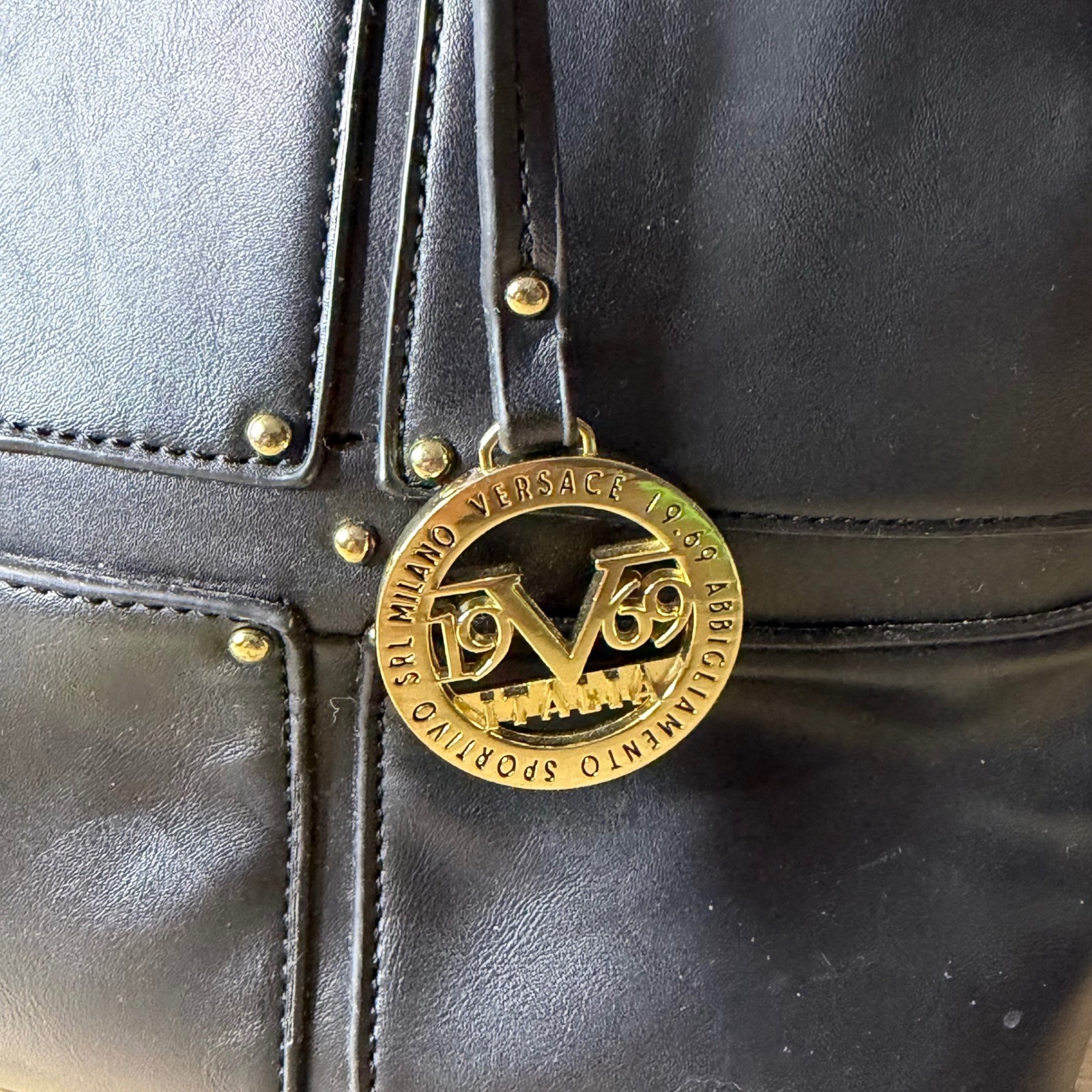 V1969 Versace Black Gold Dome Satchel Studded Logo Charm Shoulder Bag Luxury