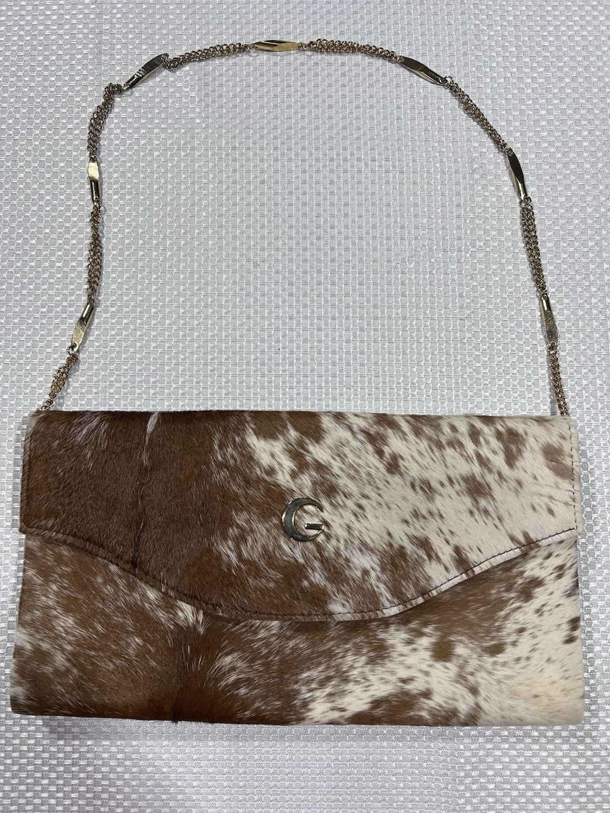 Brown & White Cowhide Hair-On Hide Clutch Shoulder Bag w/ Chain Strap Snap