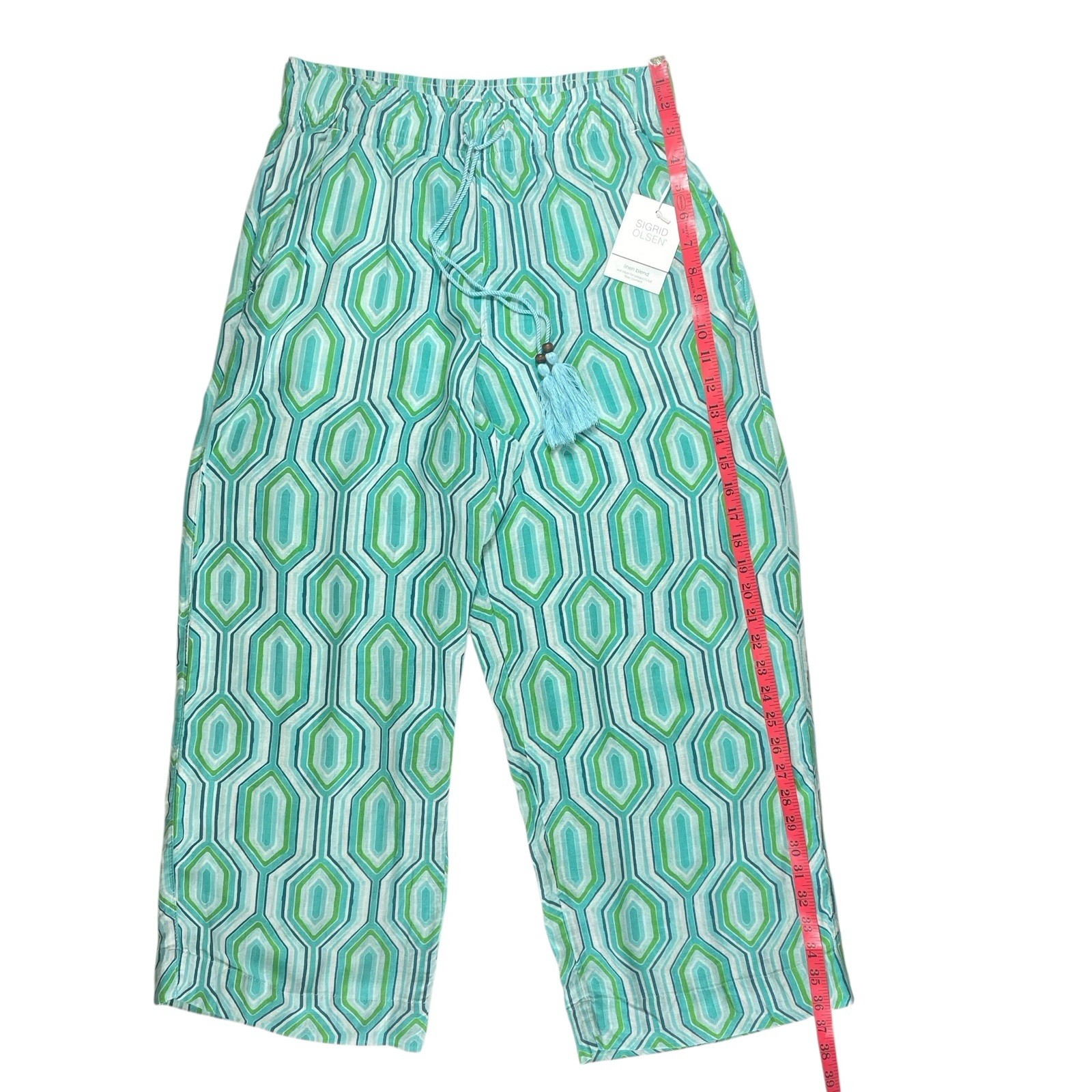 NEW Sigrid Olsen Linen Blend Coastal Beach Pants Womens M Blue Aqua Geometric