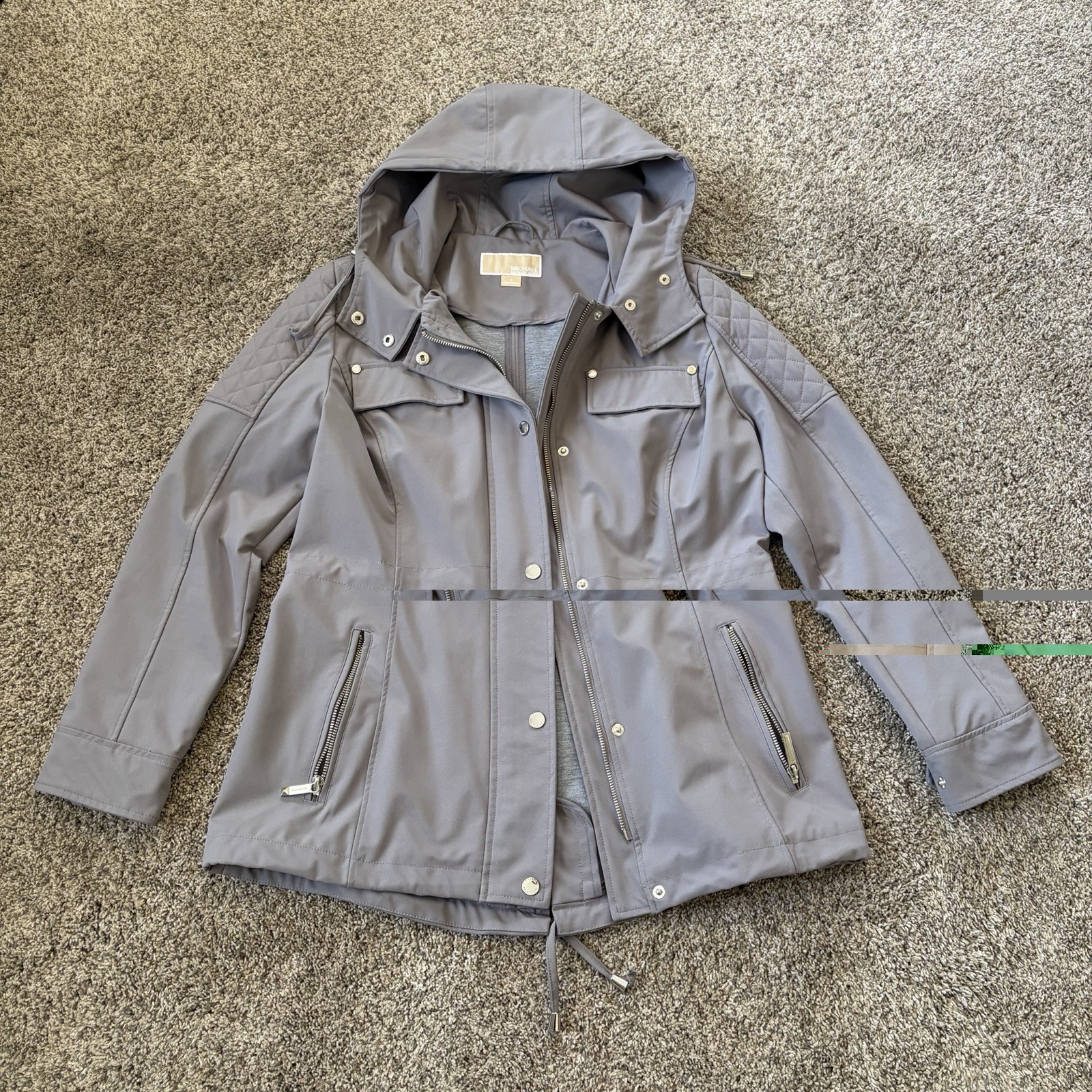 Michael Kors Womens M Rain Jacket Softshell Hooded Anorak Gray Zip Quilted