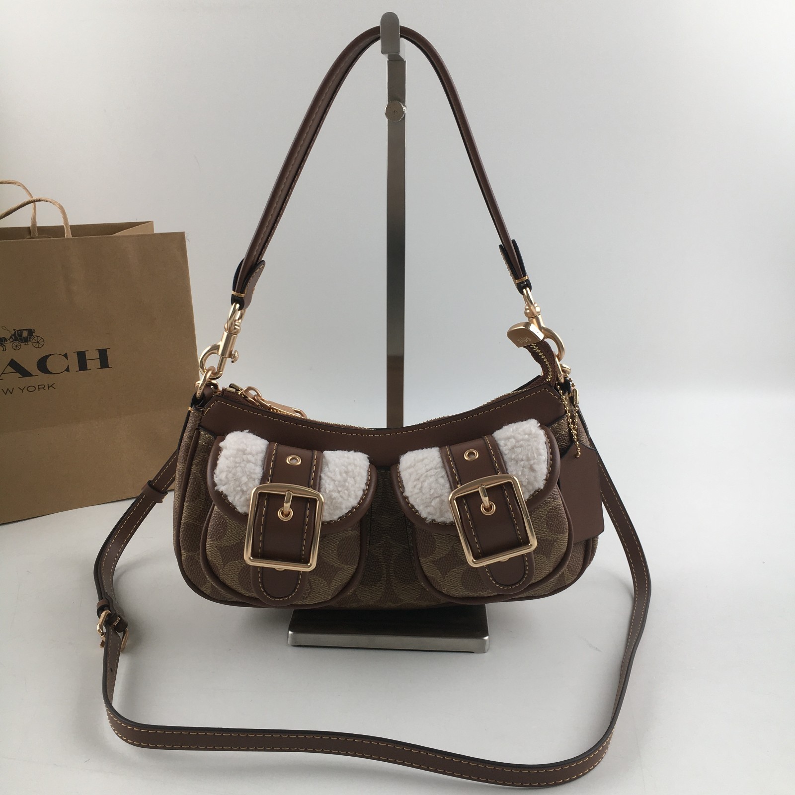 COACH Ashton Baguette Bag In Signature Canvas Tan/Natural CY658 Outlet NEW