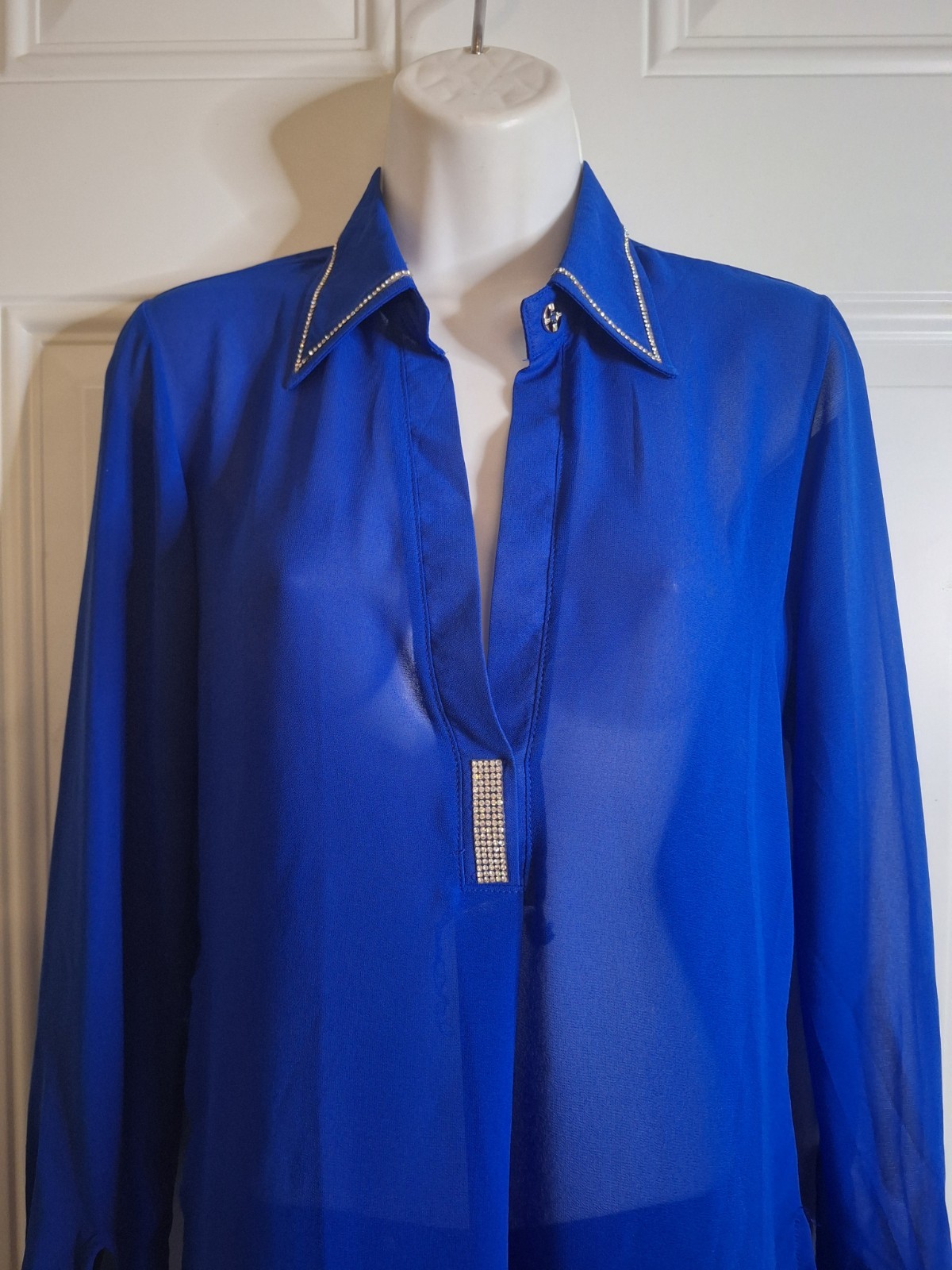 Blue Long-Sleeve Sheer Tunic Top with Rhinestone Trim Dress Up or Down
