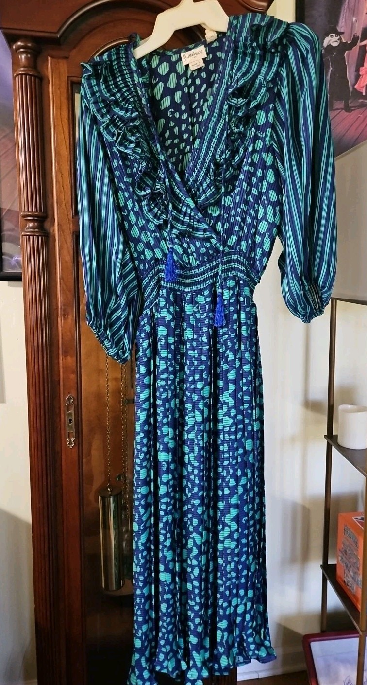Neiman Marcus Vintage Preppy Academia Blue Green Pleated Ruffle Tassel Dress