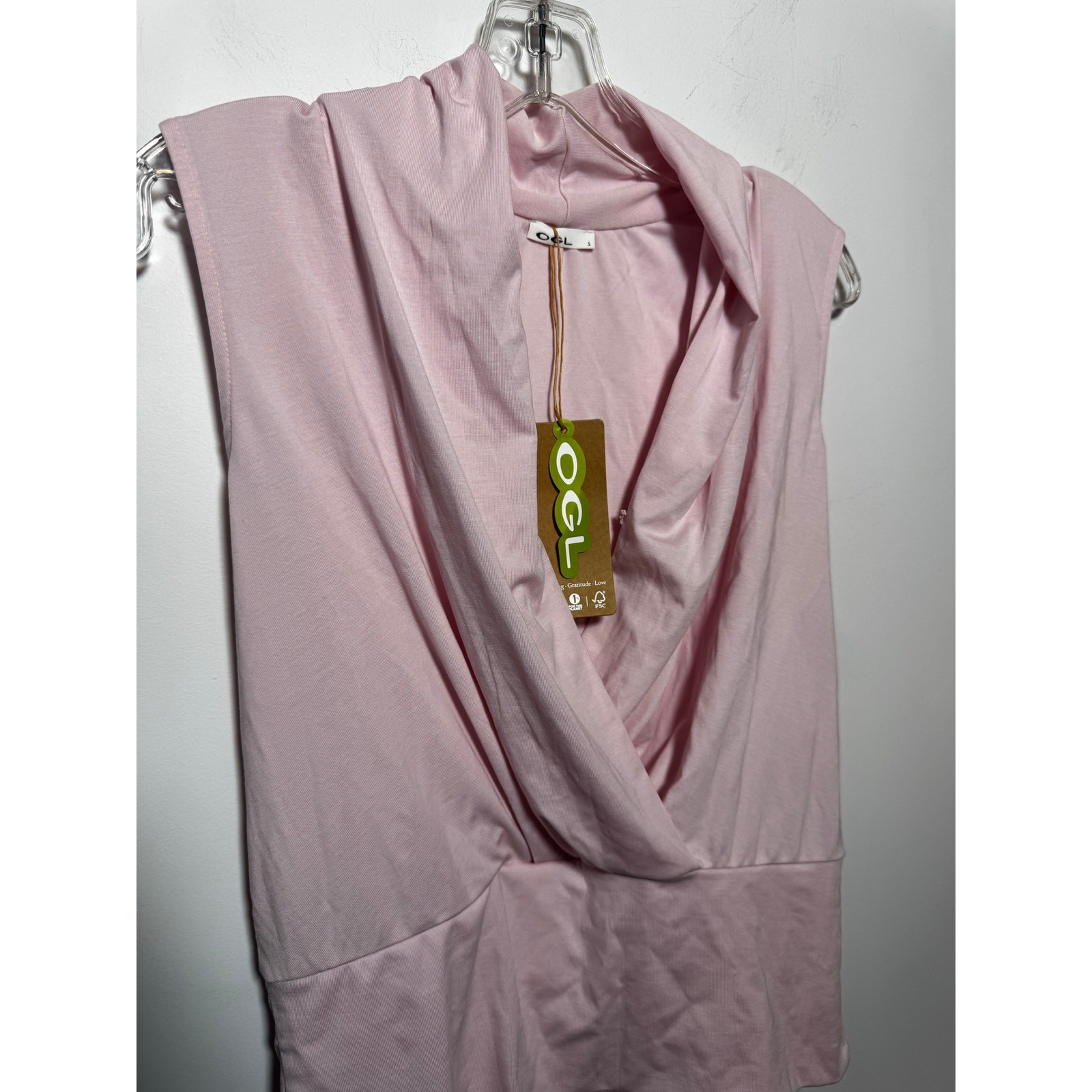 OGL Pink Faux Wrap Top Short Sleeve V-Neck Modal Jersey Comfort Blouse Women’s S