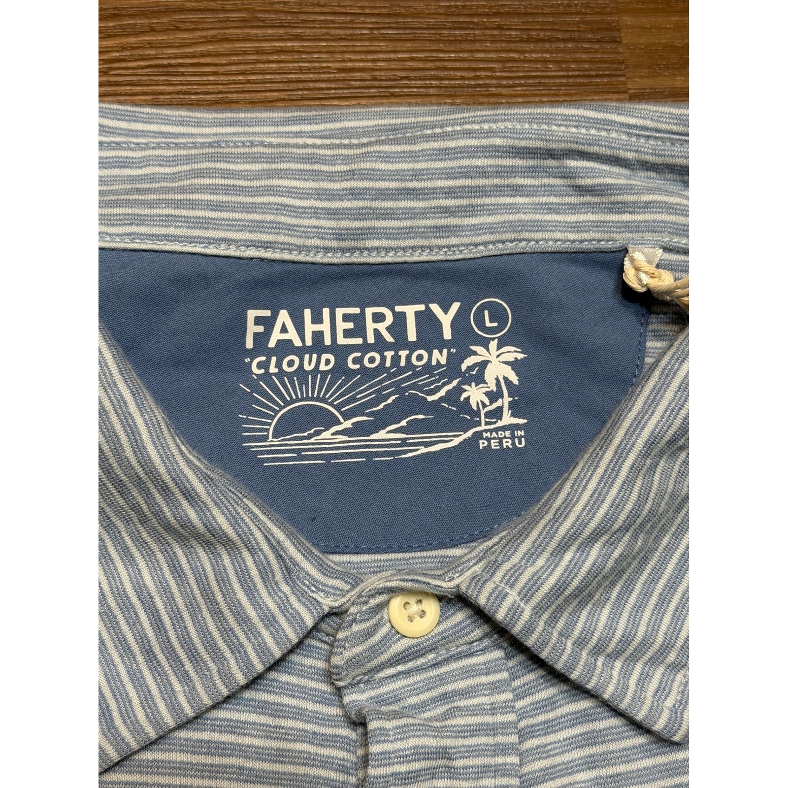 Faherty Cloud Cotton Stripe SS Soft Polo Dune Blue Mens Sz Large NWT