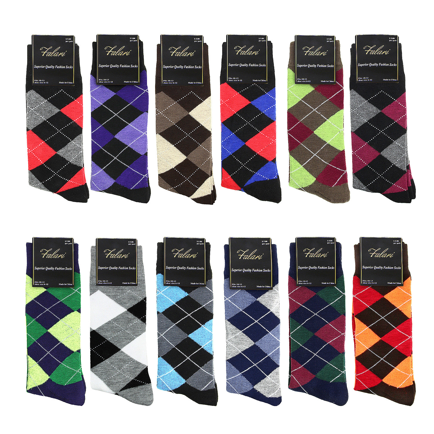 12-Pack Assorted Color Cotton Men Dress Socks Size 10-13