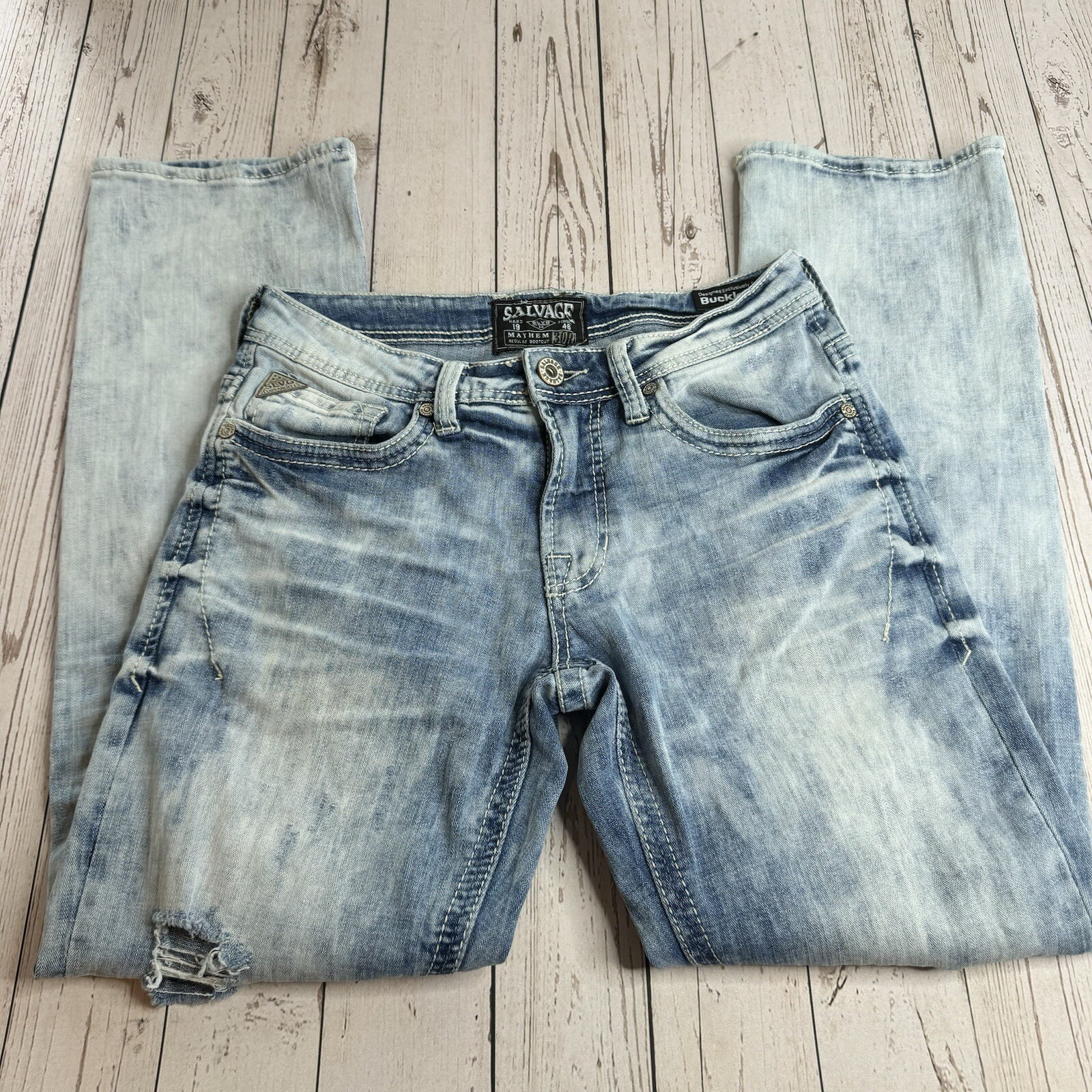 Buckle Salvage Jeans Mens 30R Blue Denim Mayhem Regular Bootcut Distressed 30×30