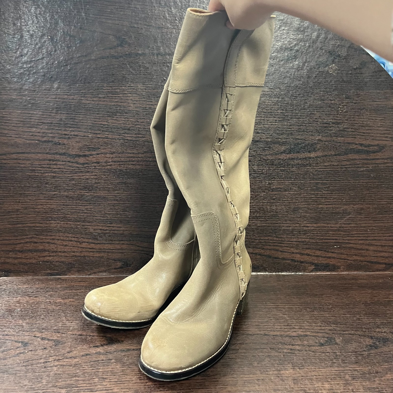 Lucky Brand Women’s Hidranja Knee High Boot 7M Beige Leather Stacked Heel Woven