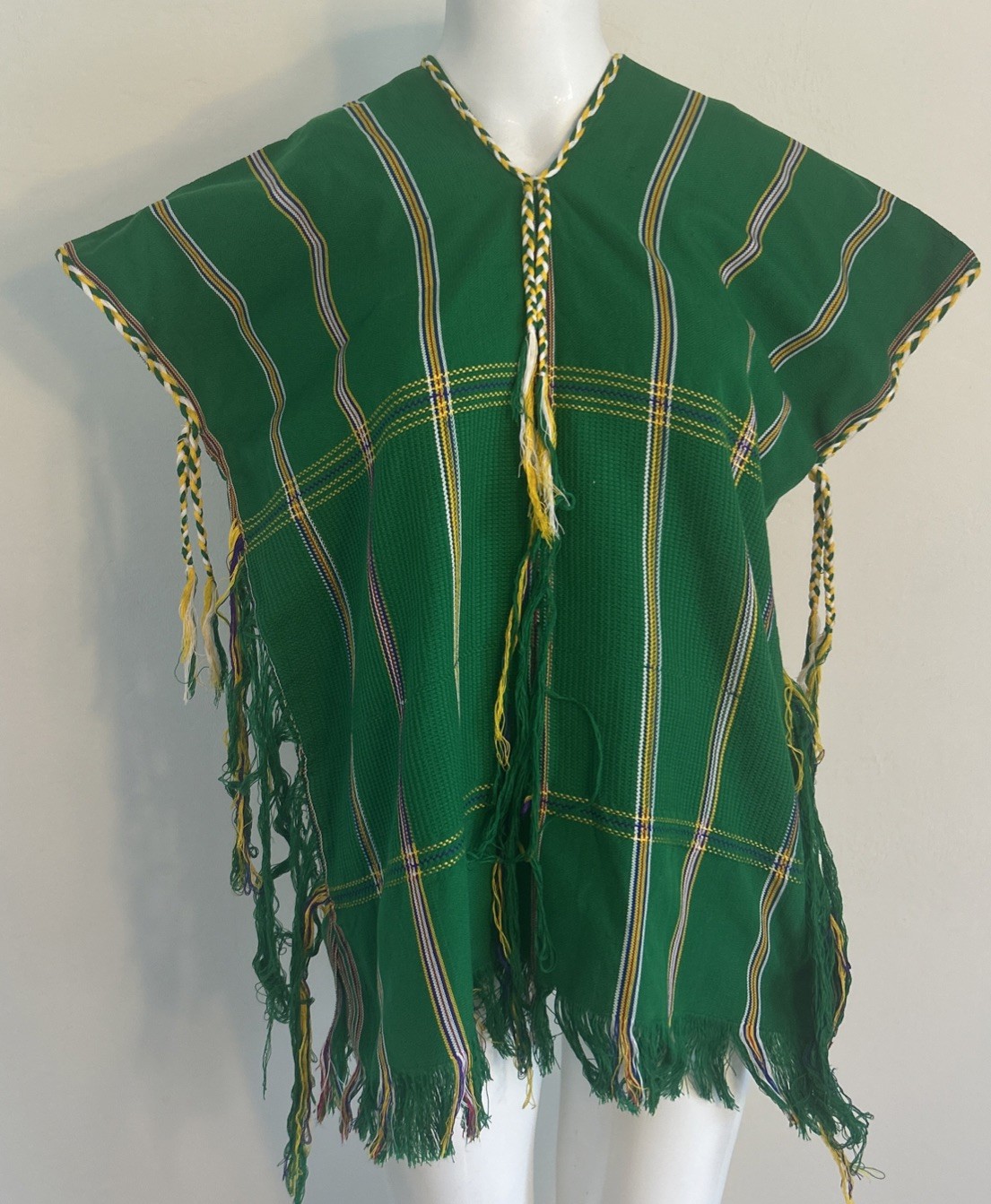 Ethnic Tunic Top Green Yellow White Purple 25.25”(not including fringe) L x 21”W