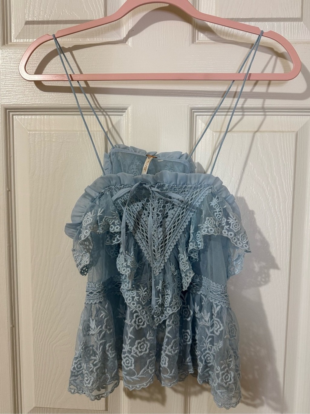 NWOT Free People Sofia Light Blue Lace Ruffle Top