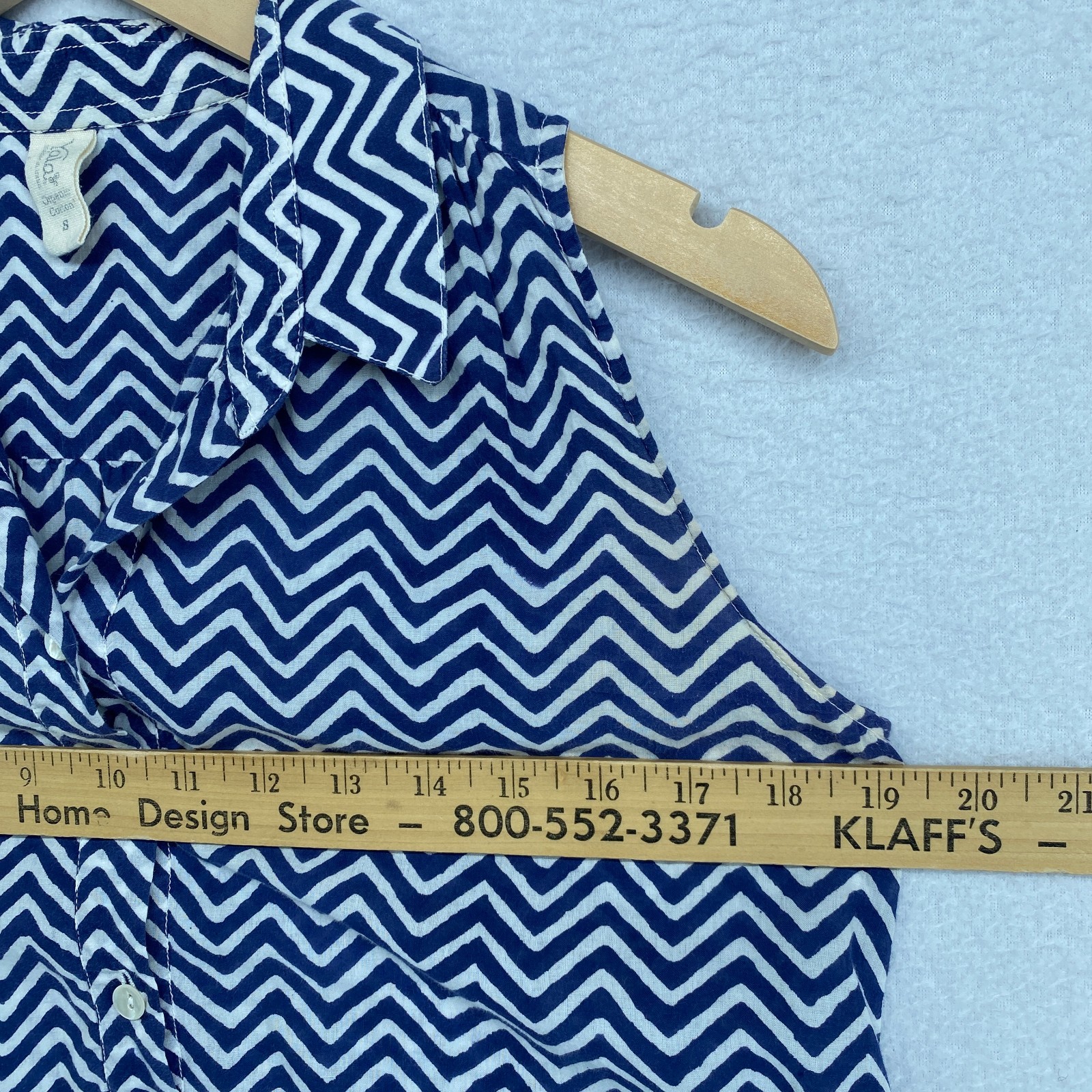 YALA Tunic Womens S Organic Cotton Chevron Sleeveless Shirt Button Up Blue India