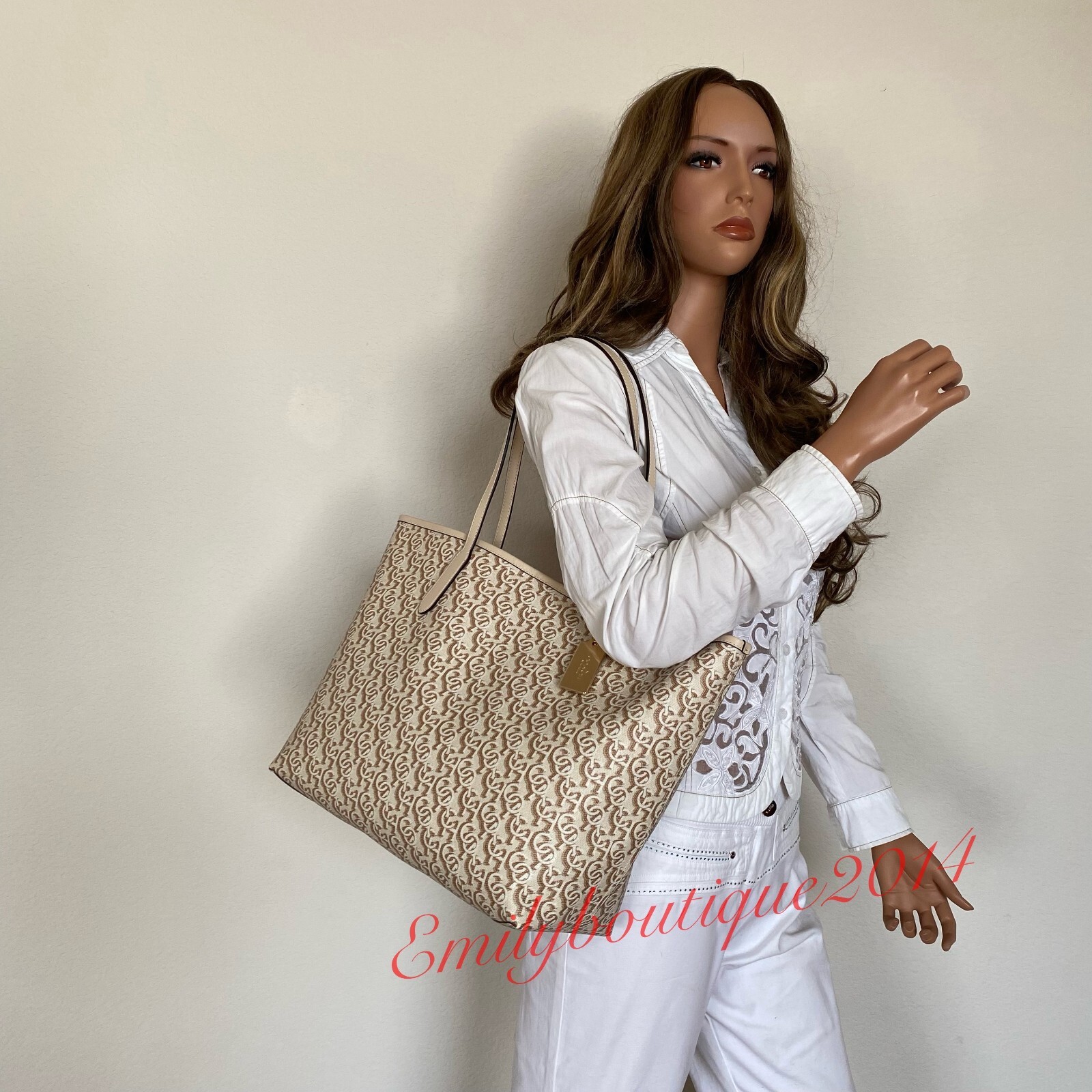NWT Coach CF342 City Tote with Monogram Print in Canvas & Leather Gold Chalk Bag