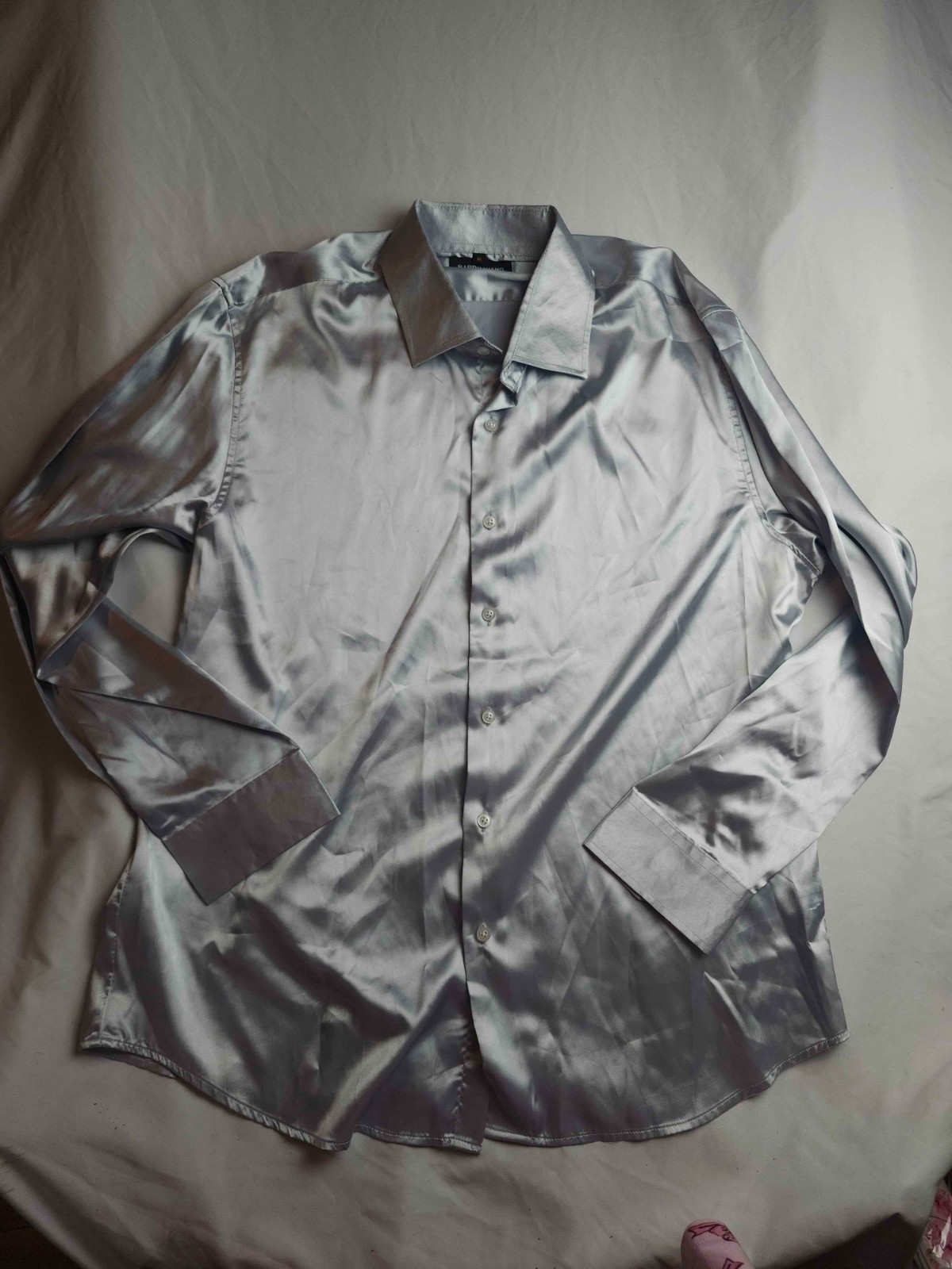 Barry Wang Button Up Shirt Mens XL Silver Satin Long Sleeve Glossy Formal Casual