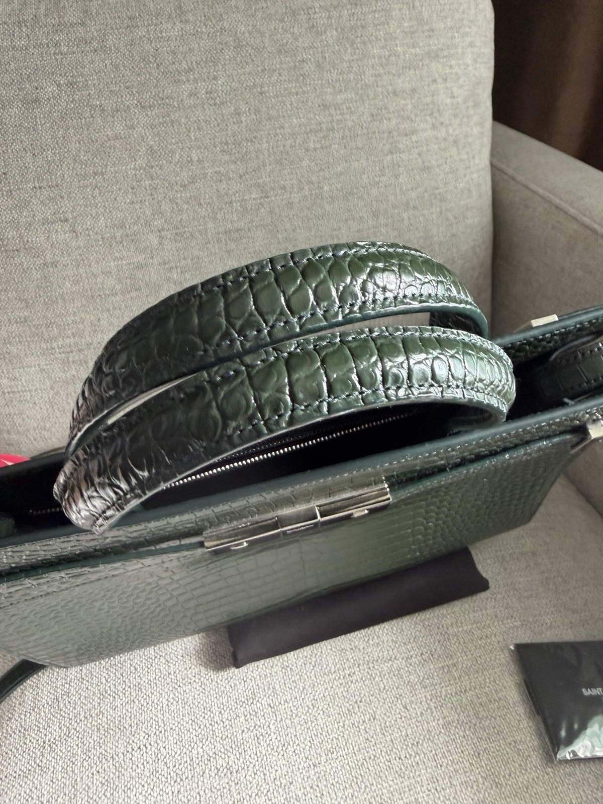 SAINT LAURENT Small Manhattan Green Silver Embossed Leather Bag Shoulder Strap