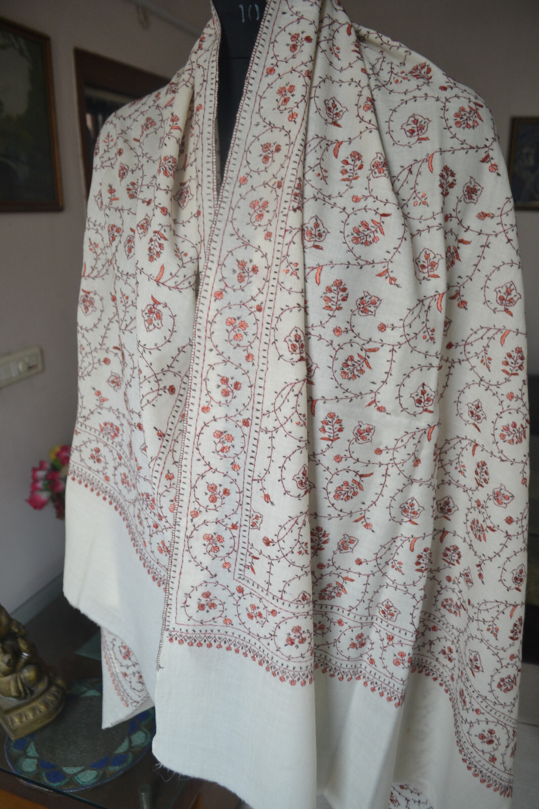 OFF-WHITE MICRO JAAL KASHMIRI EMBROIDERY WEDDING SHAWL 100% CASHMERE PASHMINA