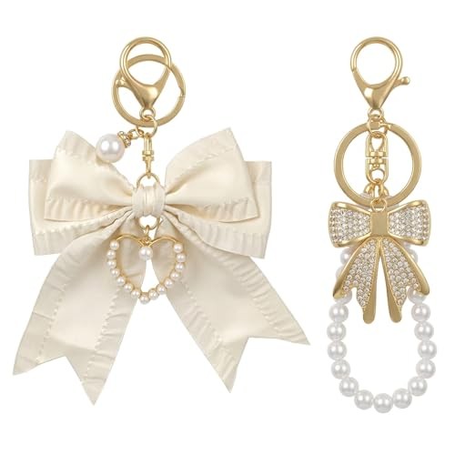 2Pcs Cherry Keychain & Pearl Bow Keychain, Sparkly White & Rhinestone Bow