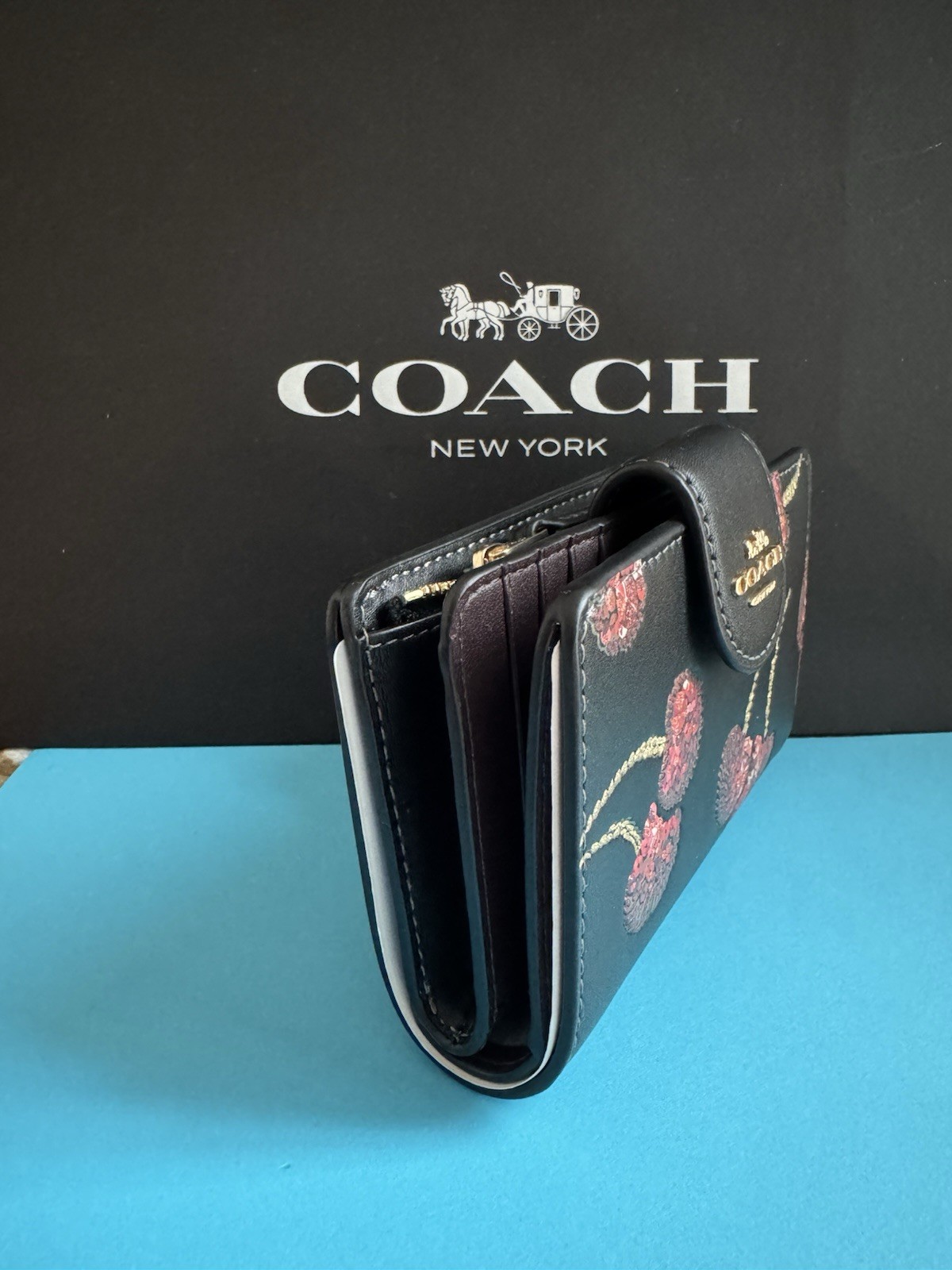 NWT Coach Medium Corner Zip Wallet With Cherry Print Leather Gold /Black Multi