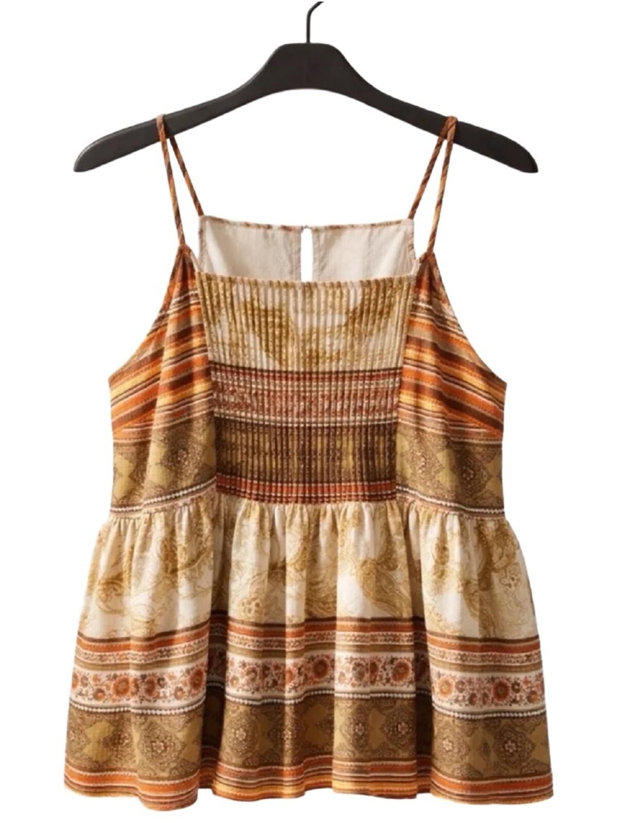Moon River Mustard Multi-Pattern Spaghetti Strap Peplum Top